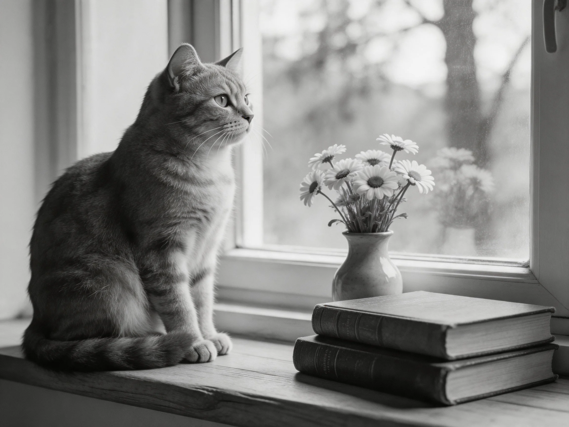 A tabby cat sits by a window with daisies and stacked books