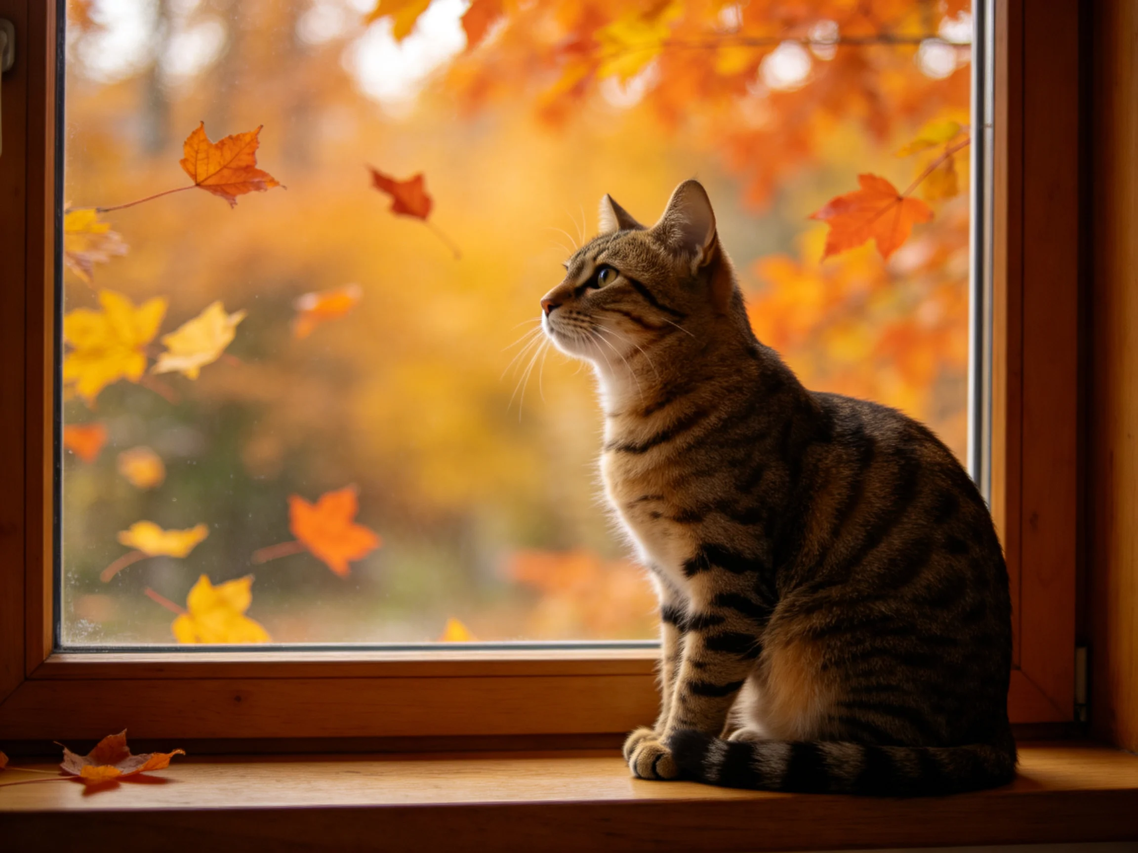 A tabby cat sits by a window with vibrant fall foliage outside