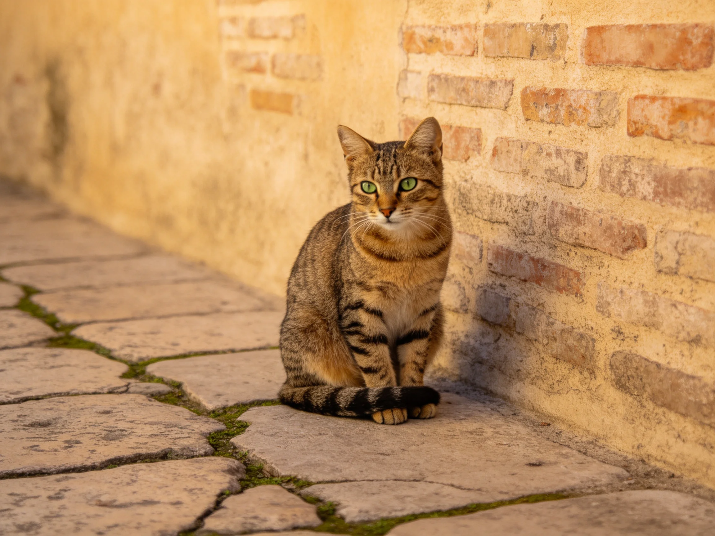 A tabby cat sits calmly next to an aged brick wall on a stone path.