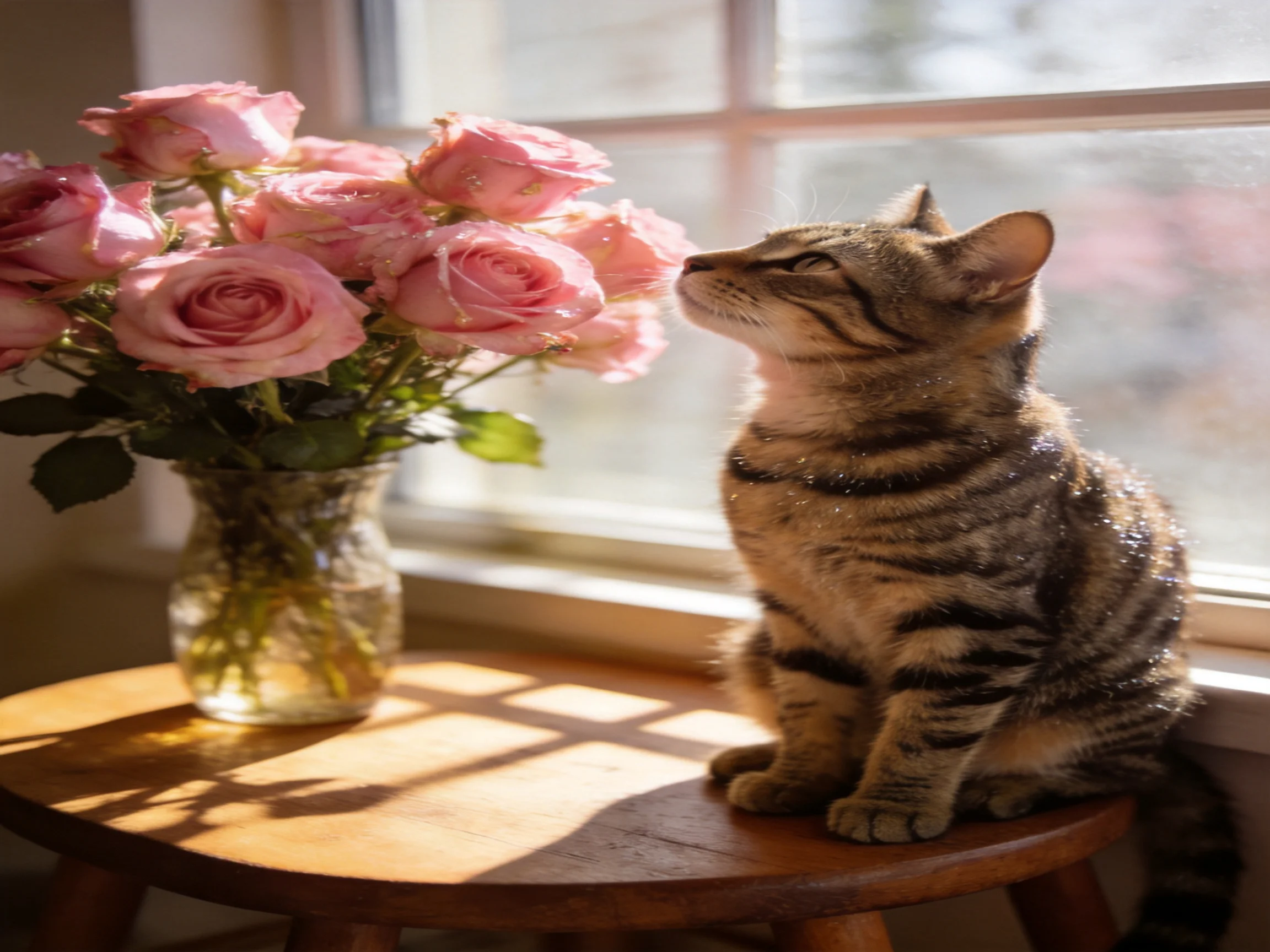 A tabby cat sits beside a vase of pink roses on a wooden table by a sunlit window.