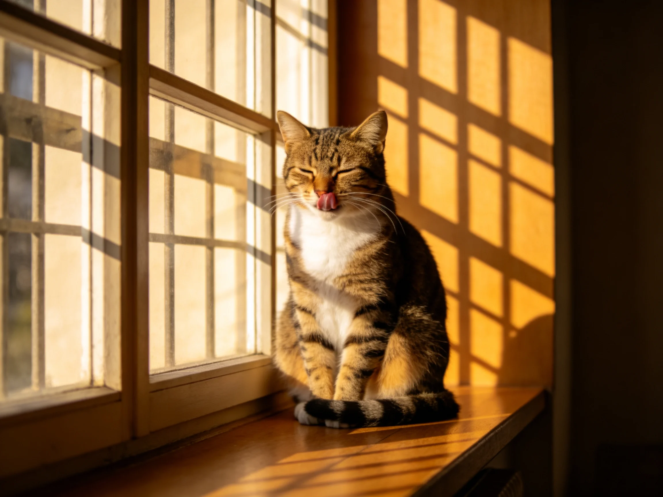 A tabby cat sits contentedly on a sunlit wooden windowsill