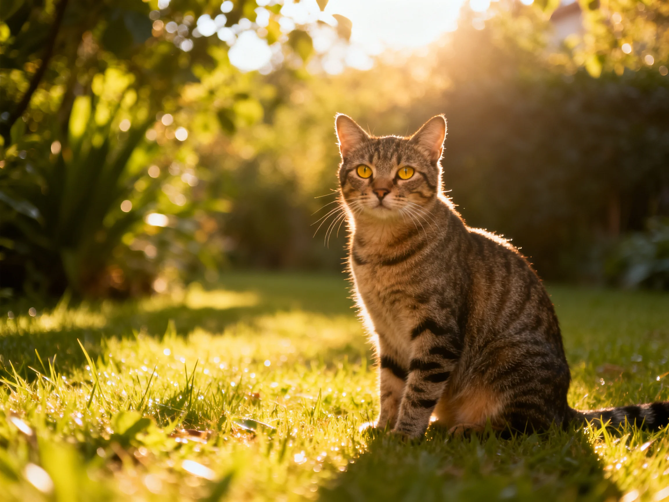 A tabby cat sits in a sun-drenched garden with lush green grass