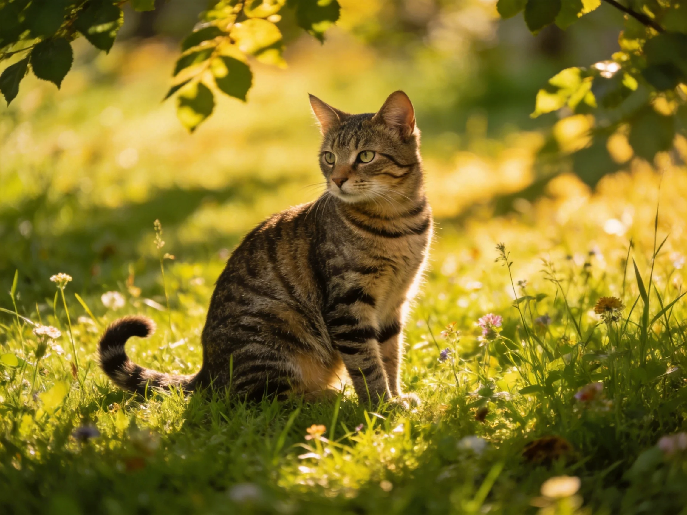A tabby cat sits in a sun-drenched meadow of green grass