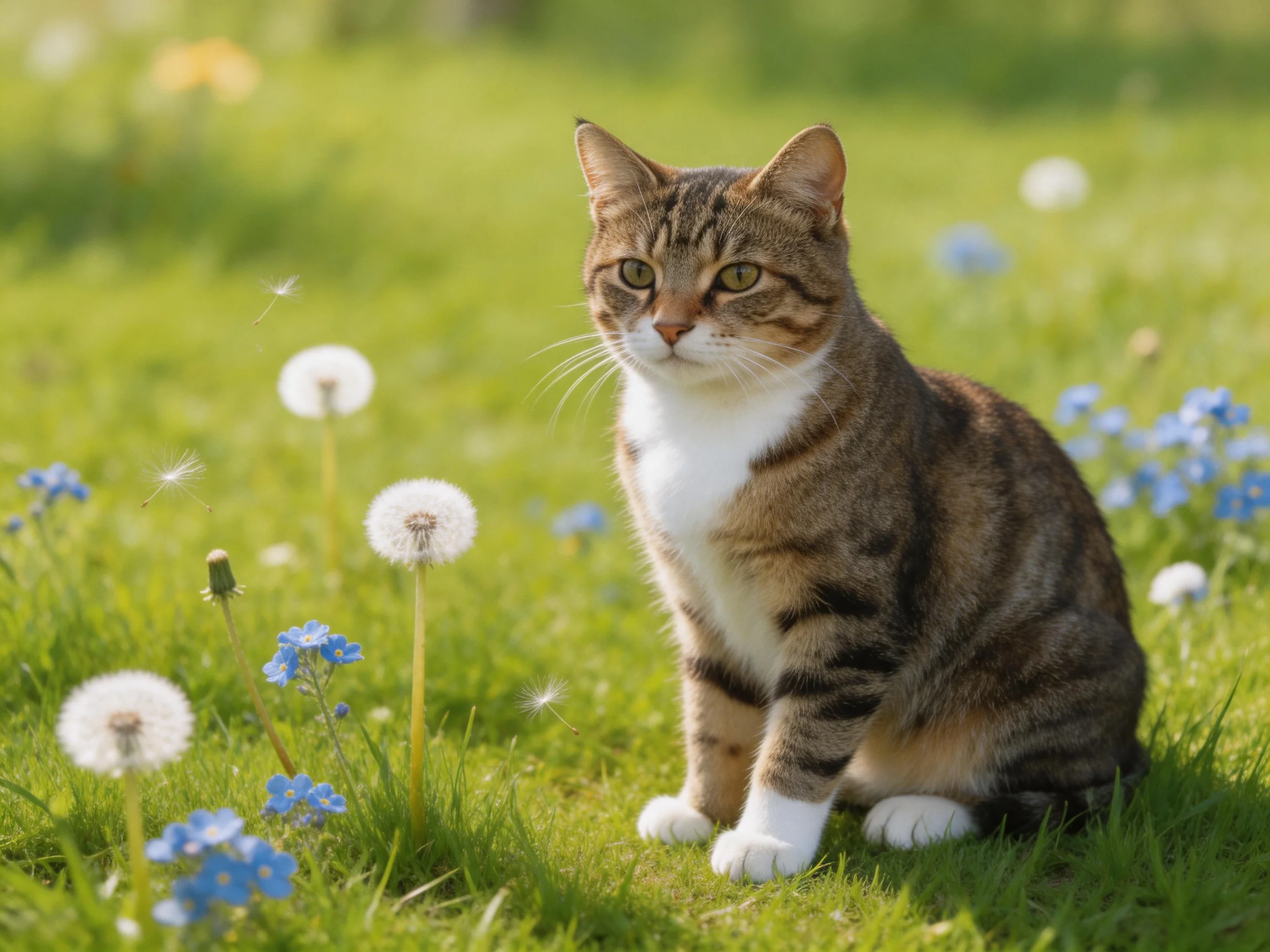 A tabby cat sits peacefully in a sunlit meadow with dandelions and blue flowers
