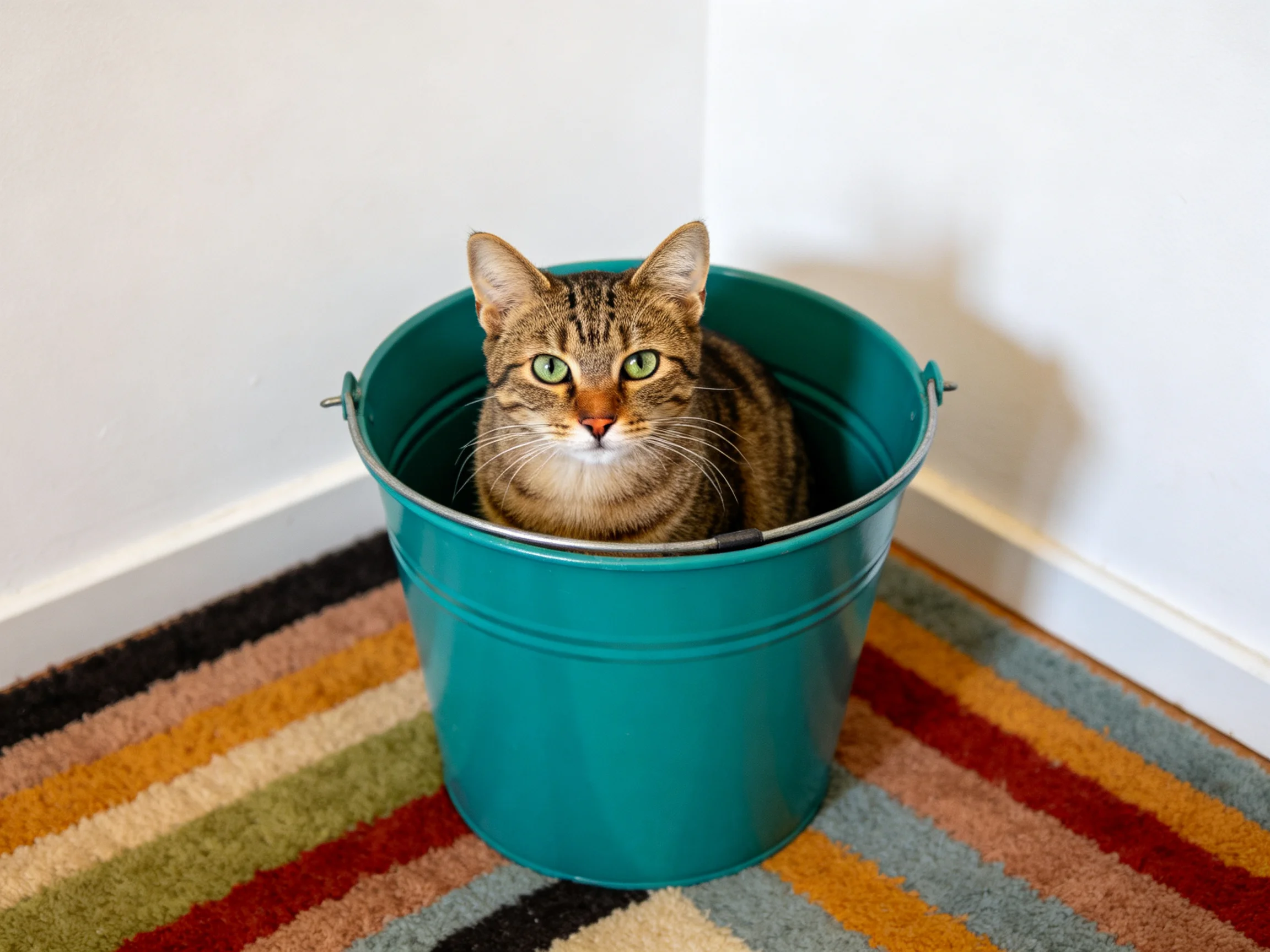 A tabby cat is inside a turquoise bucket next to a striped rug