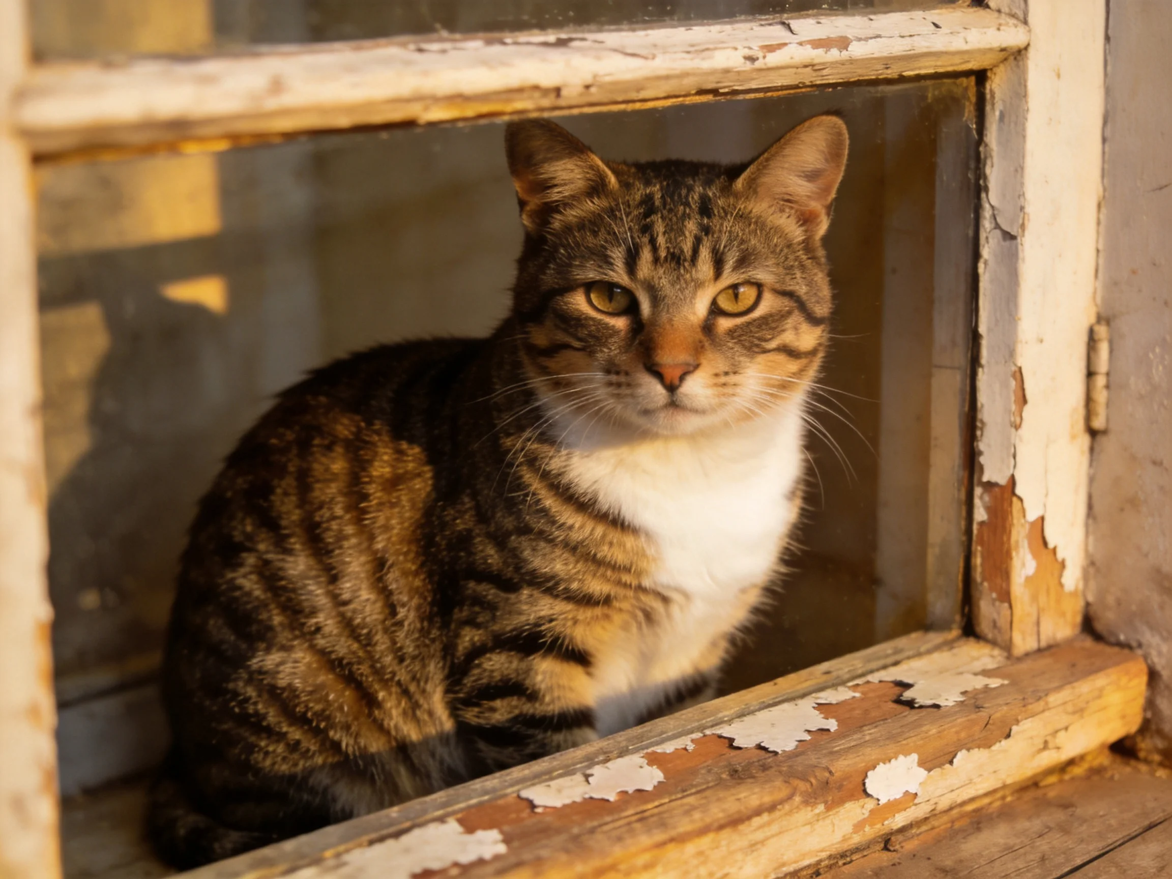 A tabby cat sits in a weathered wooden window frame with peeling paint