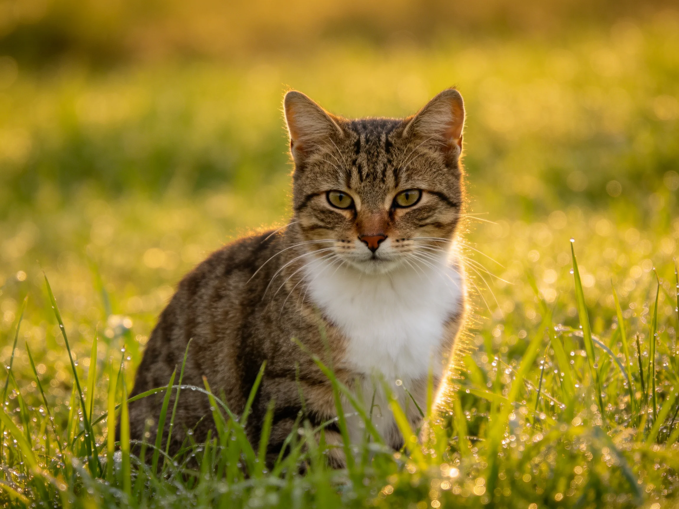 A tabby cat sits in dewy green grass under golden sunlight