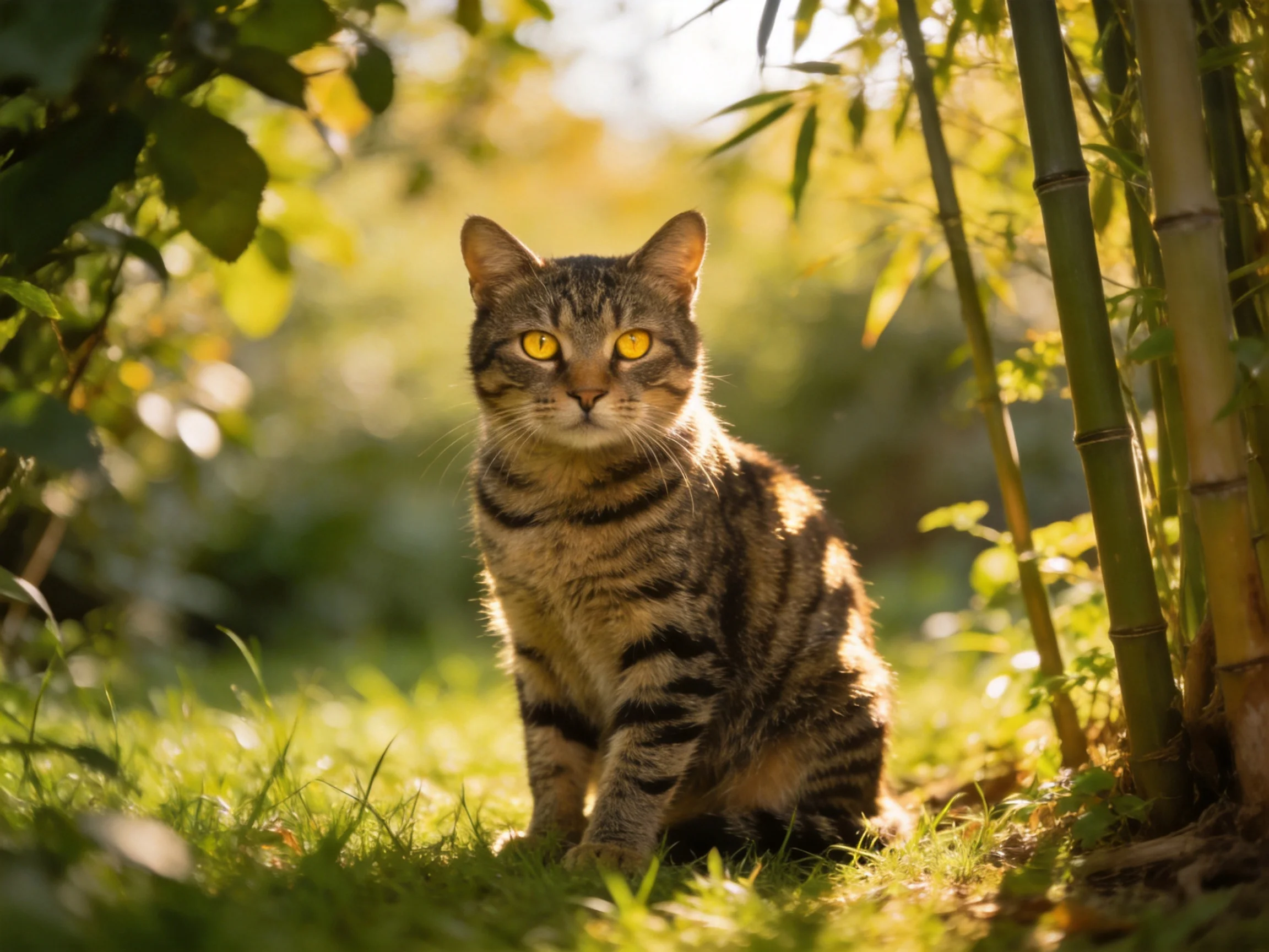 A tabby cat sits in sun-dappled greenery beside bamboo stalks