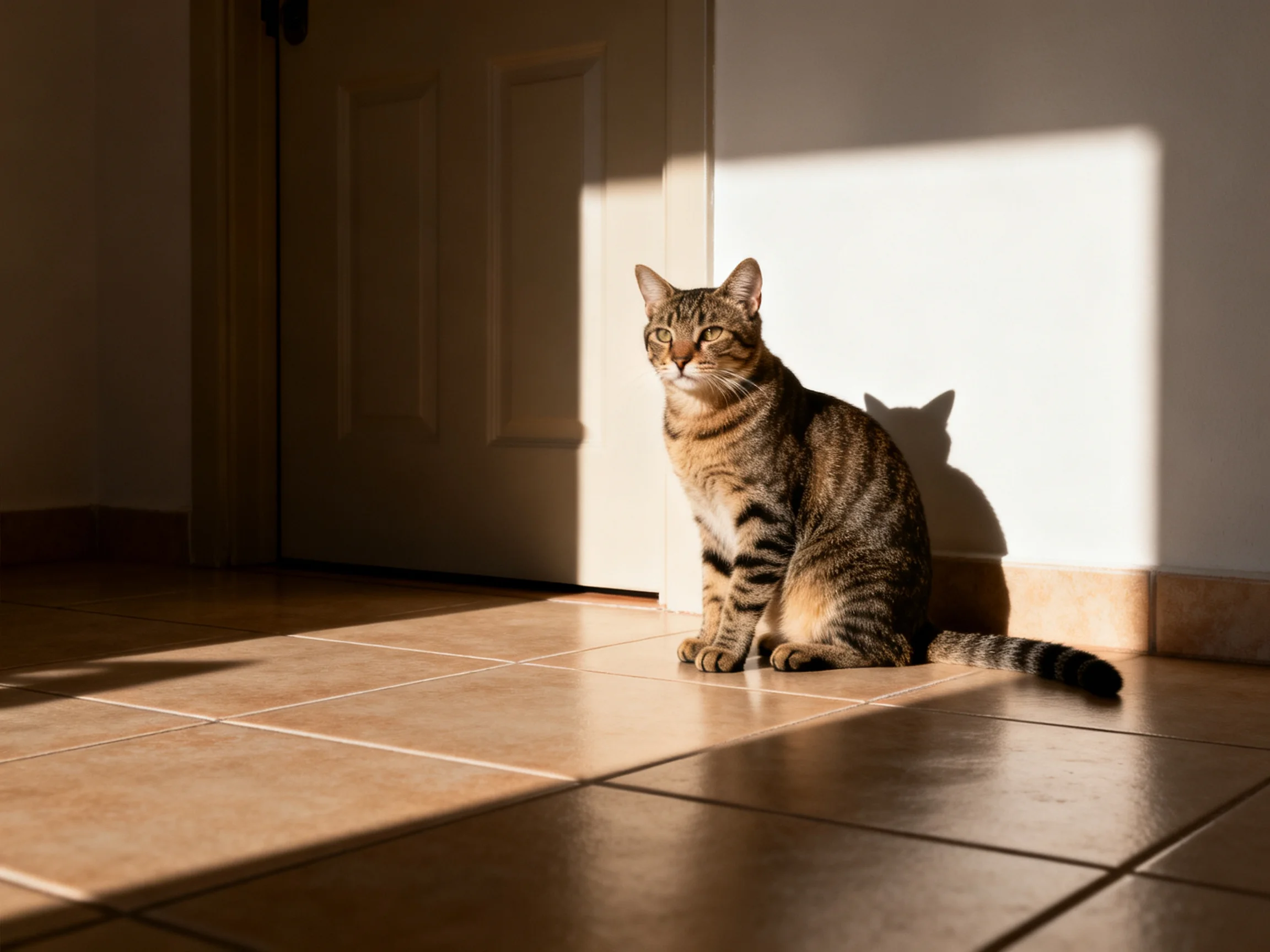 A tabby cat sits in sunlight near a closed door.