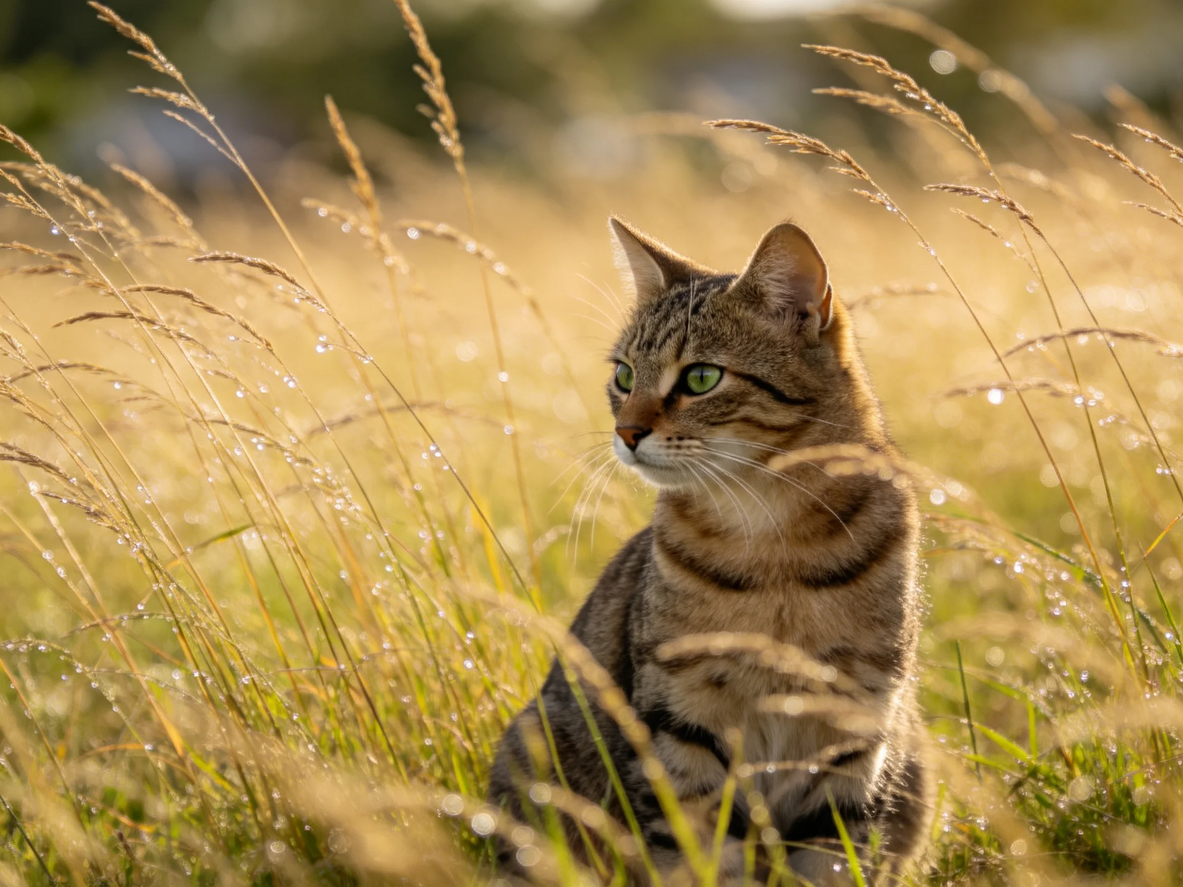 A tabby cat sits in a field of tall golden grass.