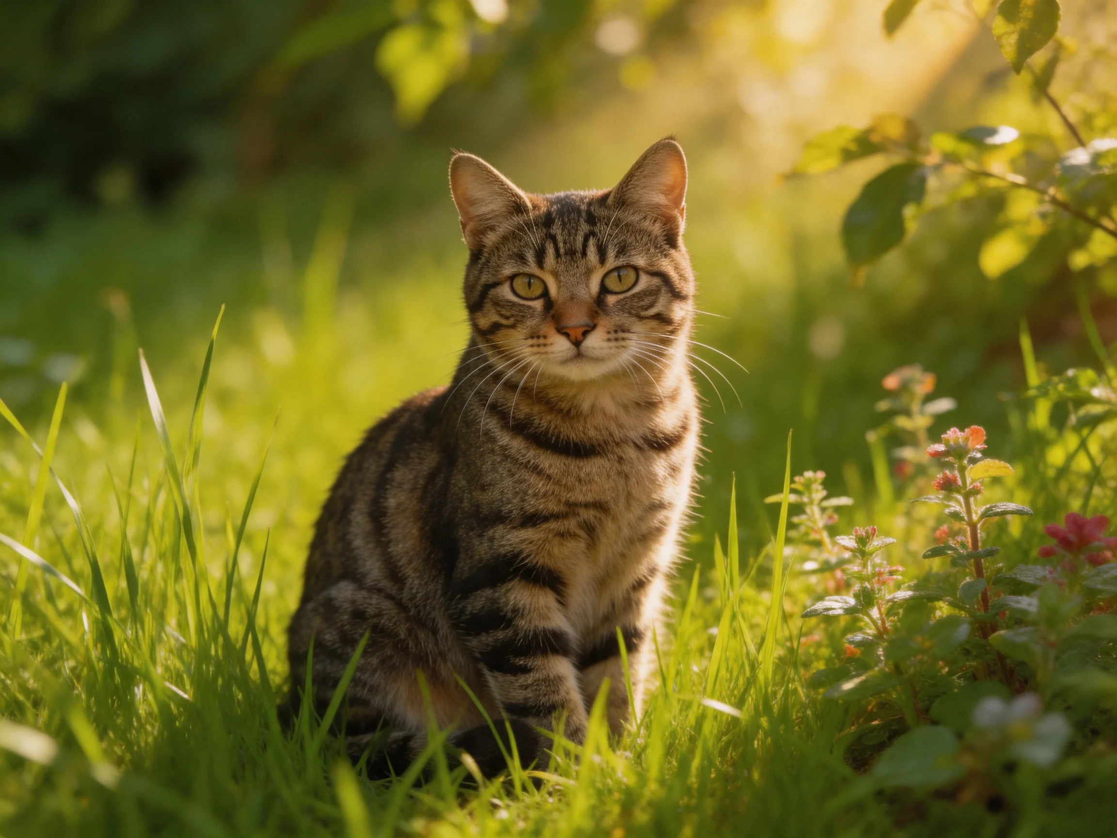 A tabby cat rests in a sunlit garden with tall grass and flowers.