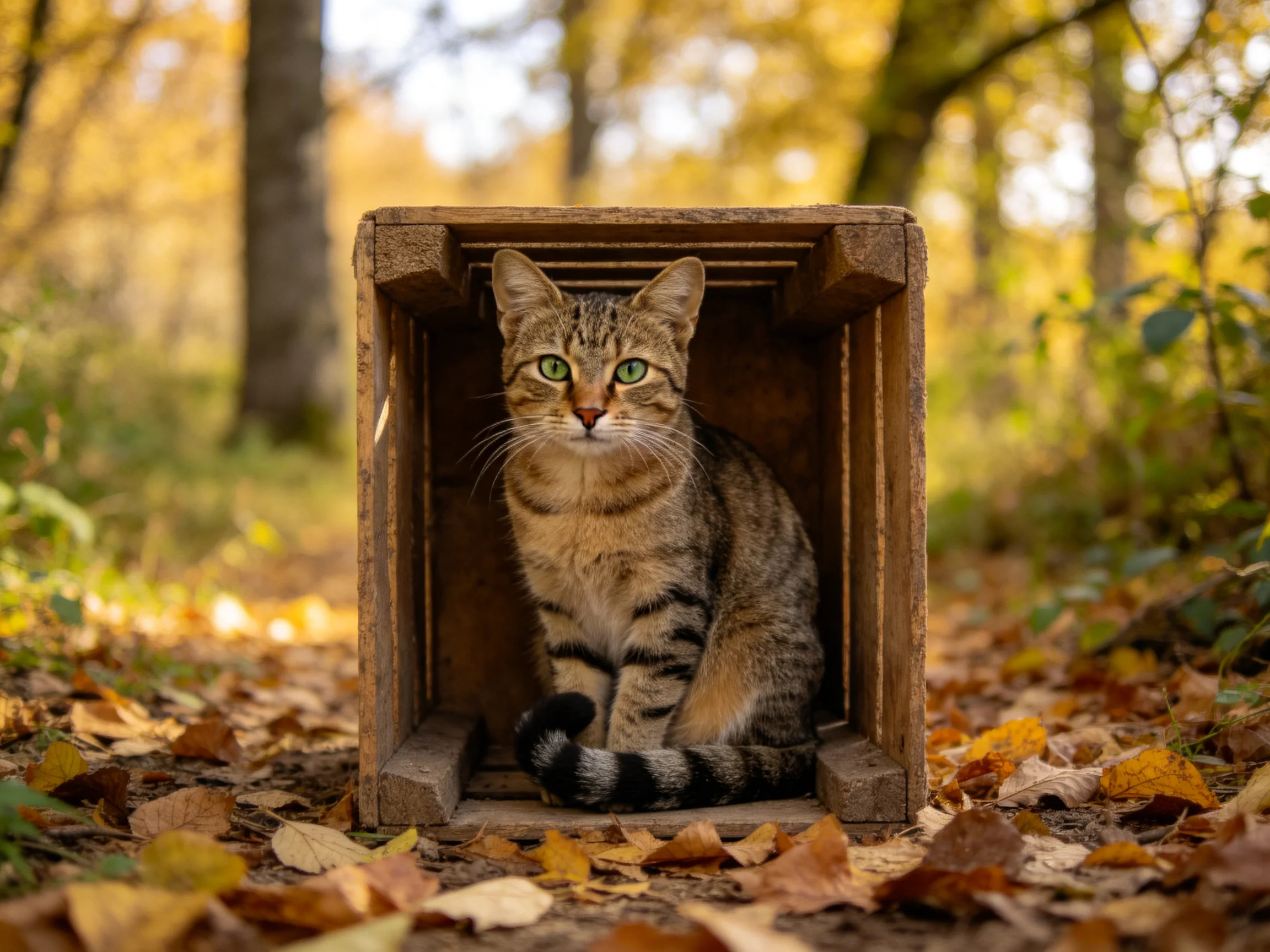 A tabby cat sits inside a wooden crate amid autumn leaves