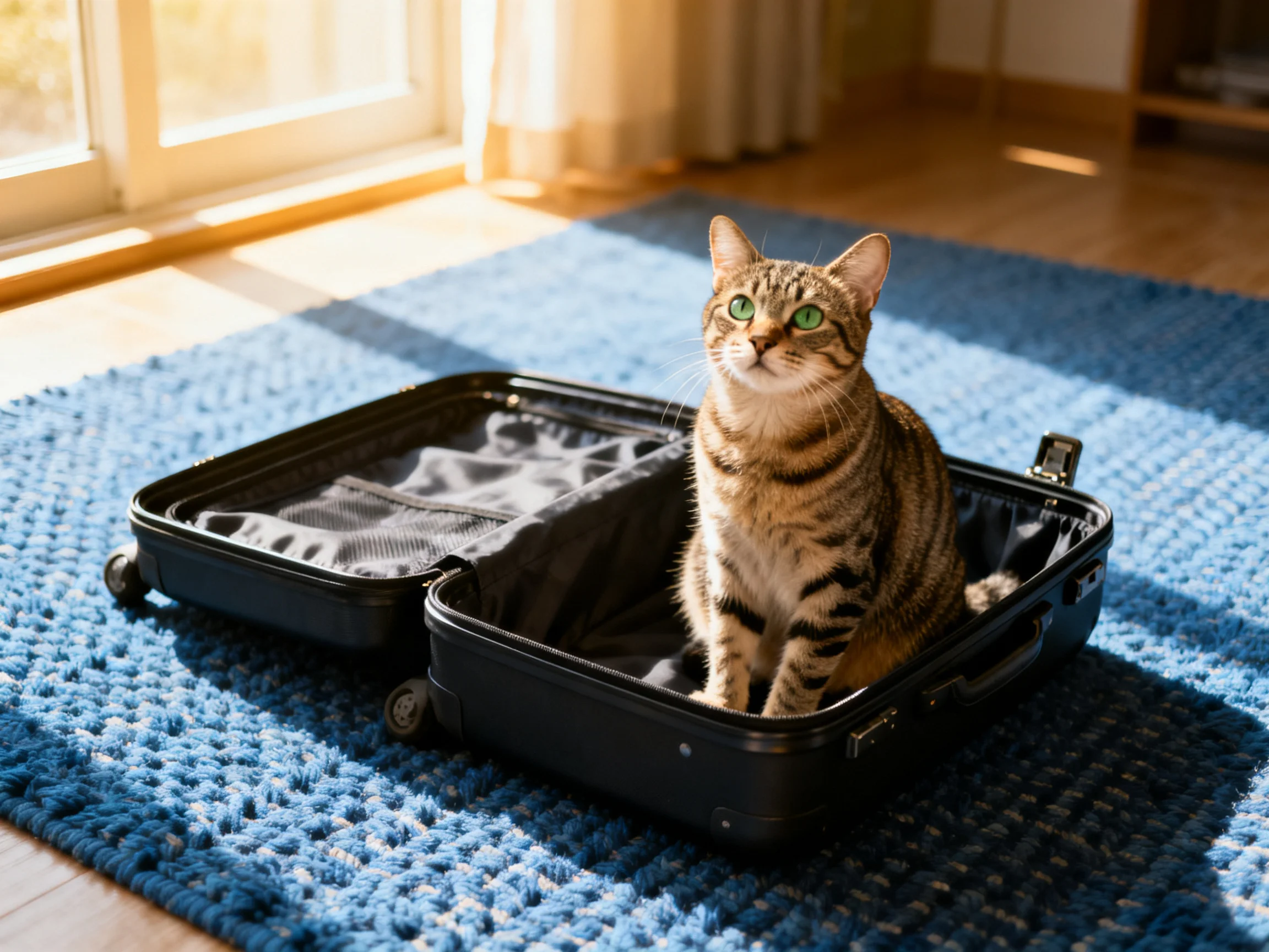 A tabby cat sits inside an open black suitcase on a blue rug
