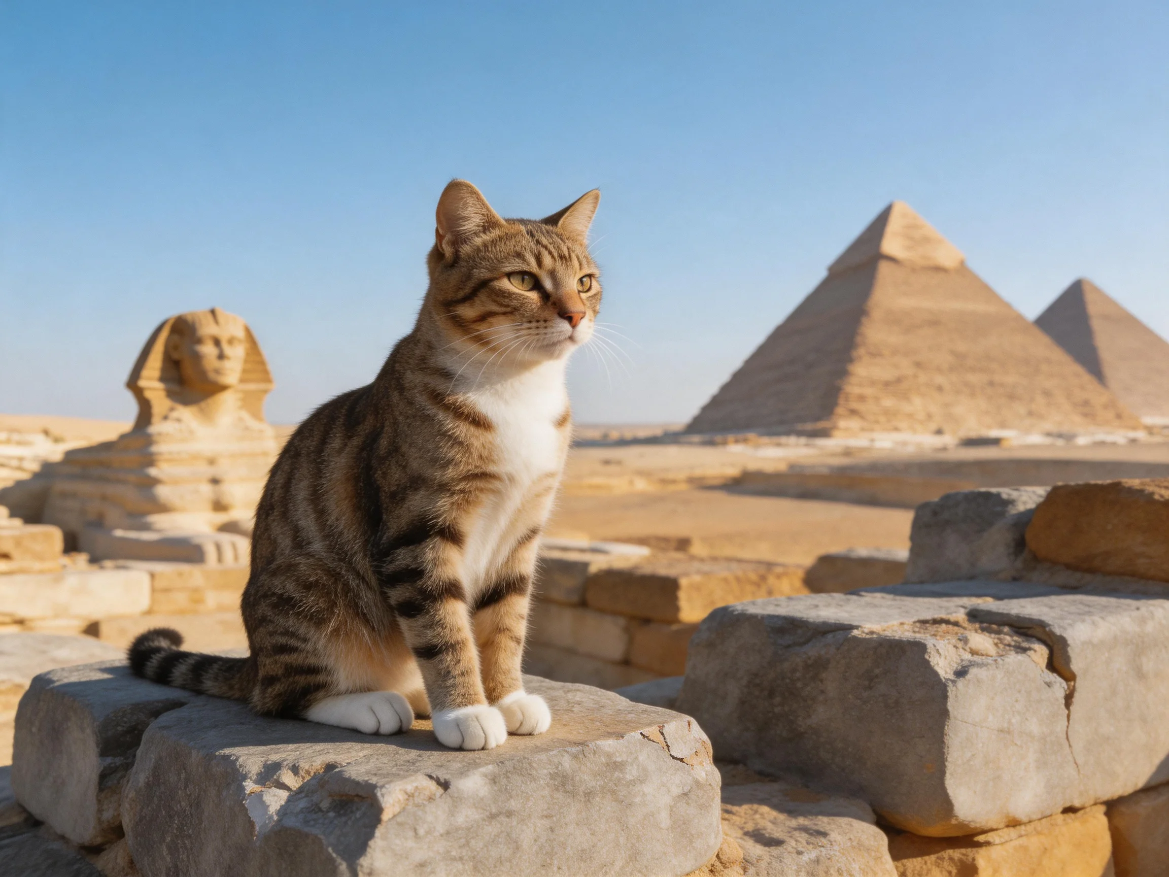 A tabby cat sits near ancient Egyptian monuments including pyramids and the Sphinx