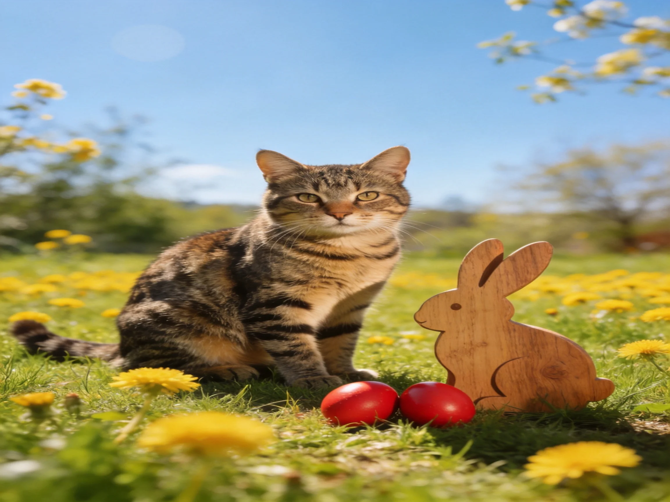 A tabby cat sits near a wooden bunny and red Easter eggs in a sunny flower field.