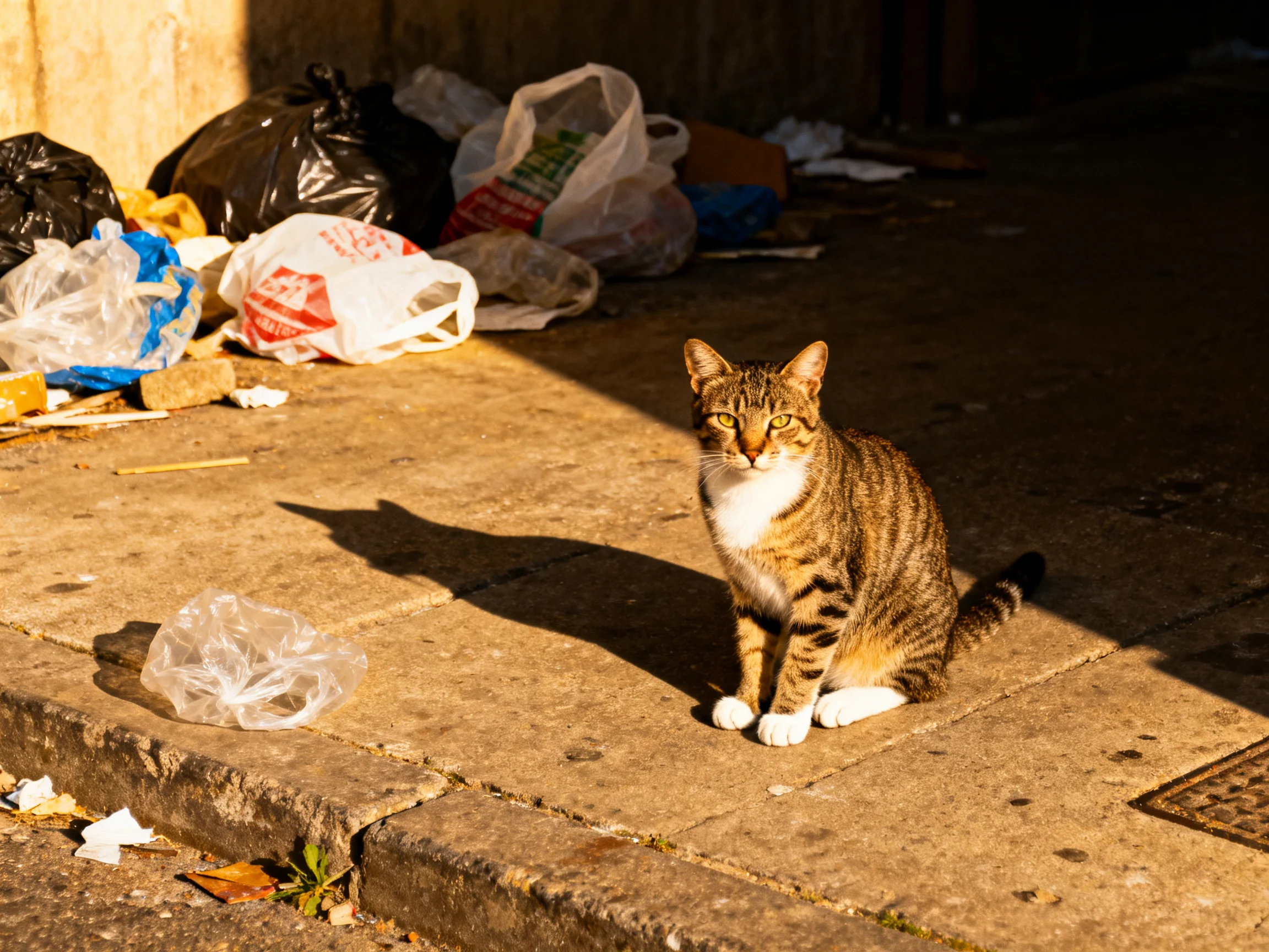 A tabby cat sits among litter on a sunlit pavement.