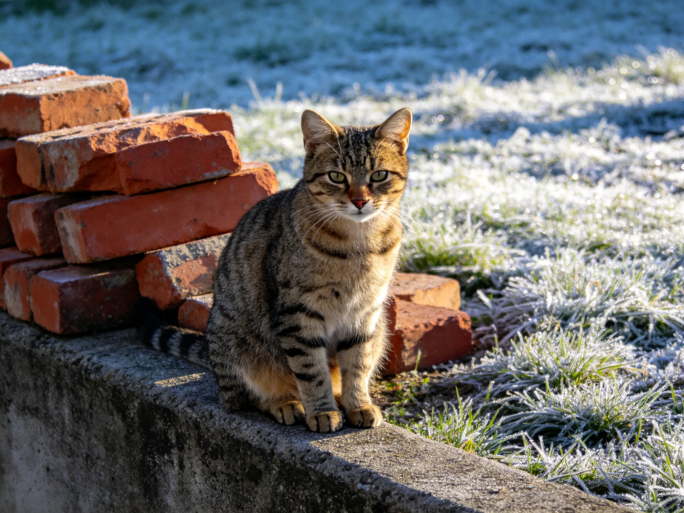 A tabby cat rests beside stacked red bricks in a frosty outdoor setting.