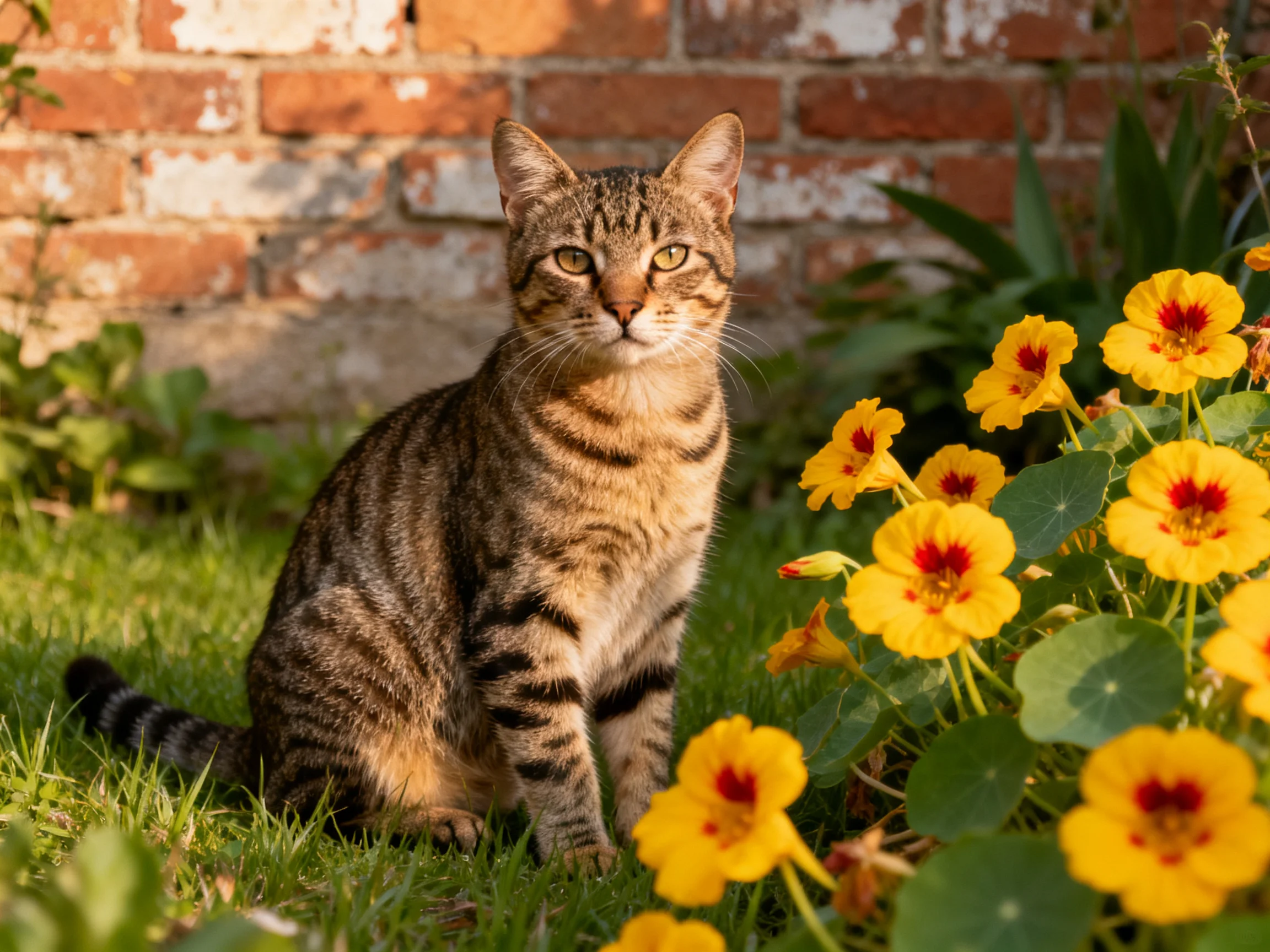 A tabby cat sits among yellow flowers next to a weathered brick wall.