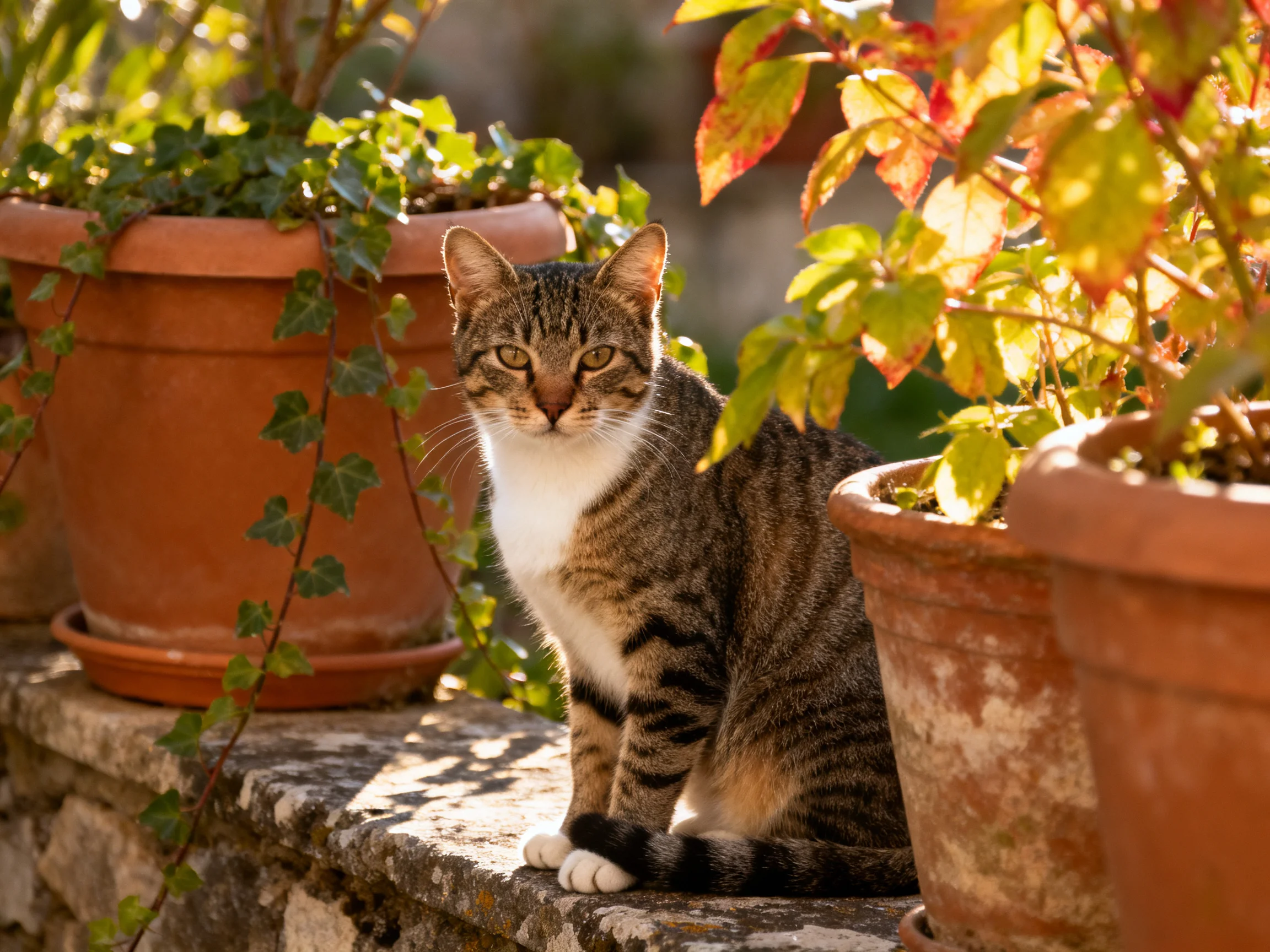 A tabby cat sits near aged terracotta pots with lush greenery.