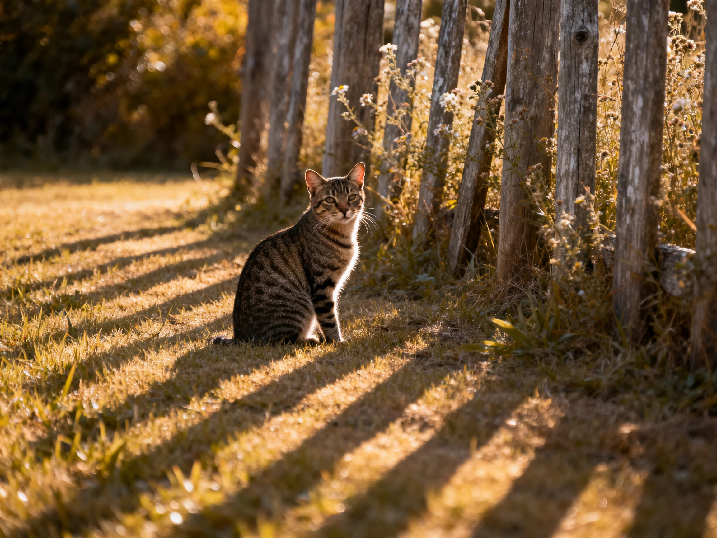 A tabby cat sits near a weathered wooden fence in golden sunlight.