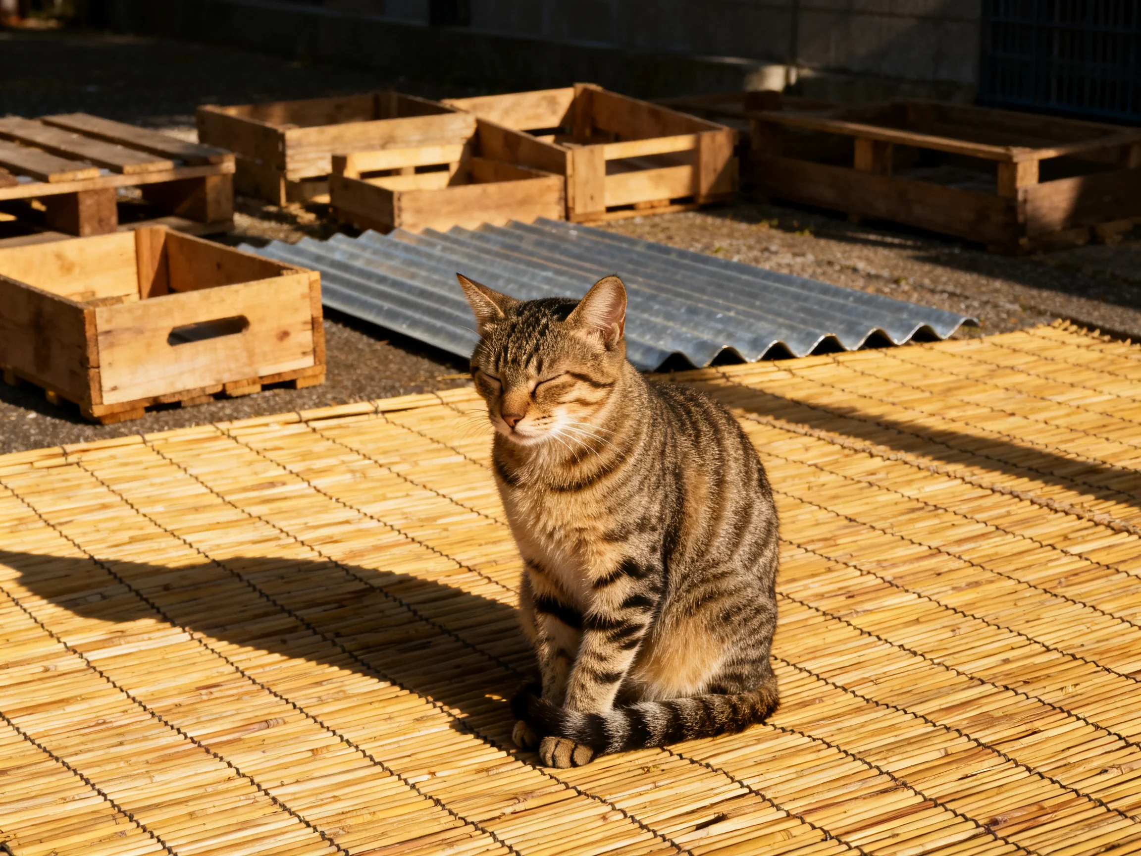A tabby cat sits on a bamboo mat near wooden crates