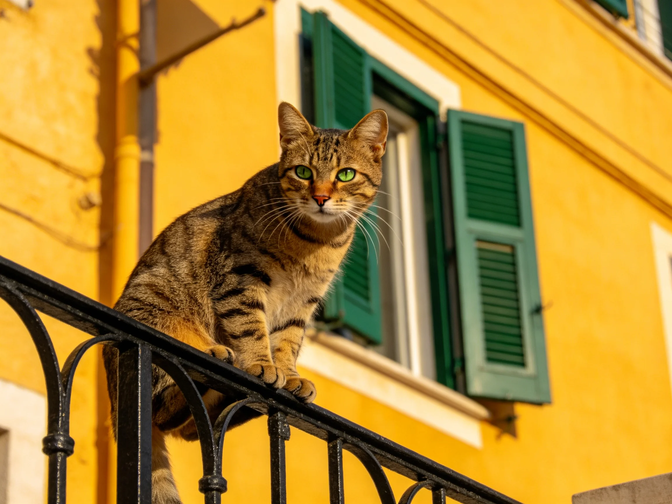 A tabby cat sits on a black railing by a yellow building