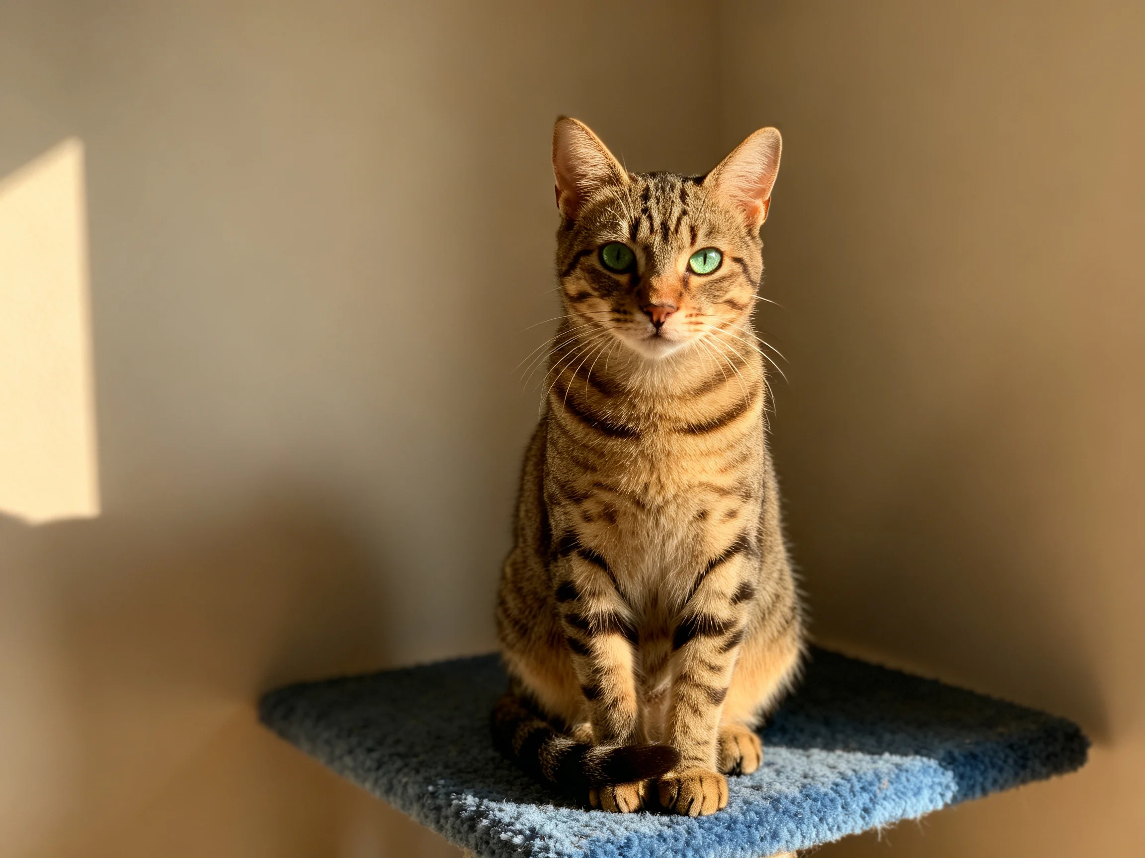 A tabby cat sits on a blue platform in soft indoor light