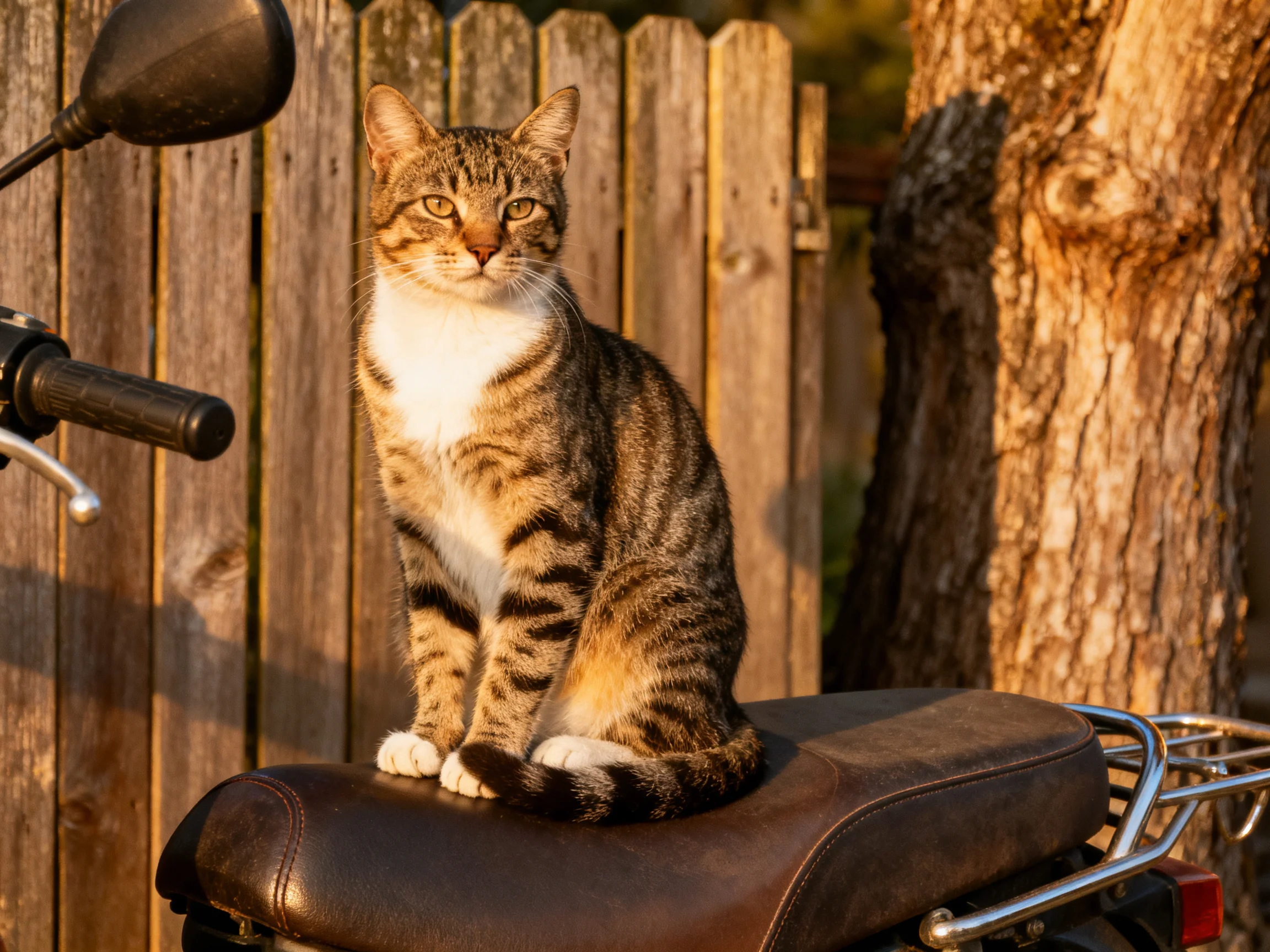 A tabby cat sits on a brown leather motorcycle seat near a wooden fence