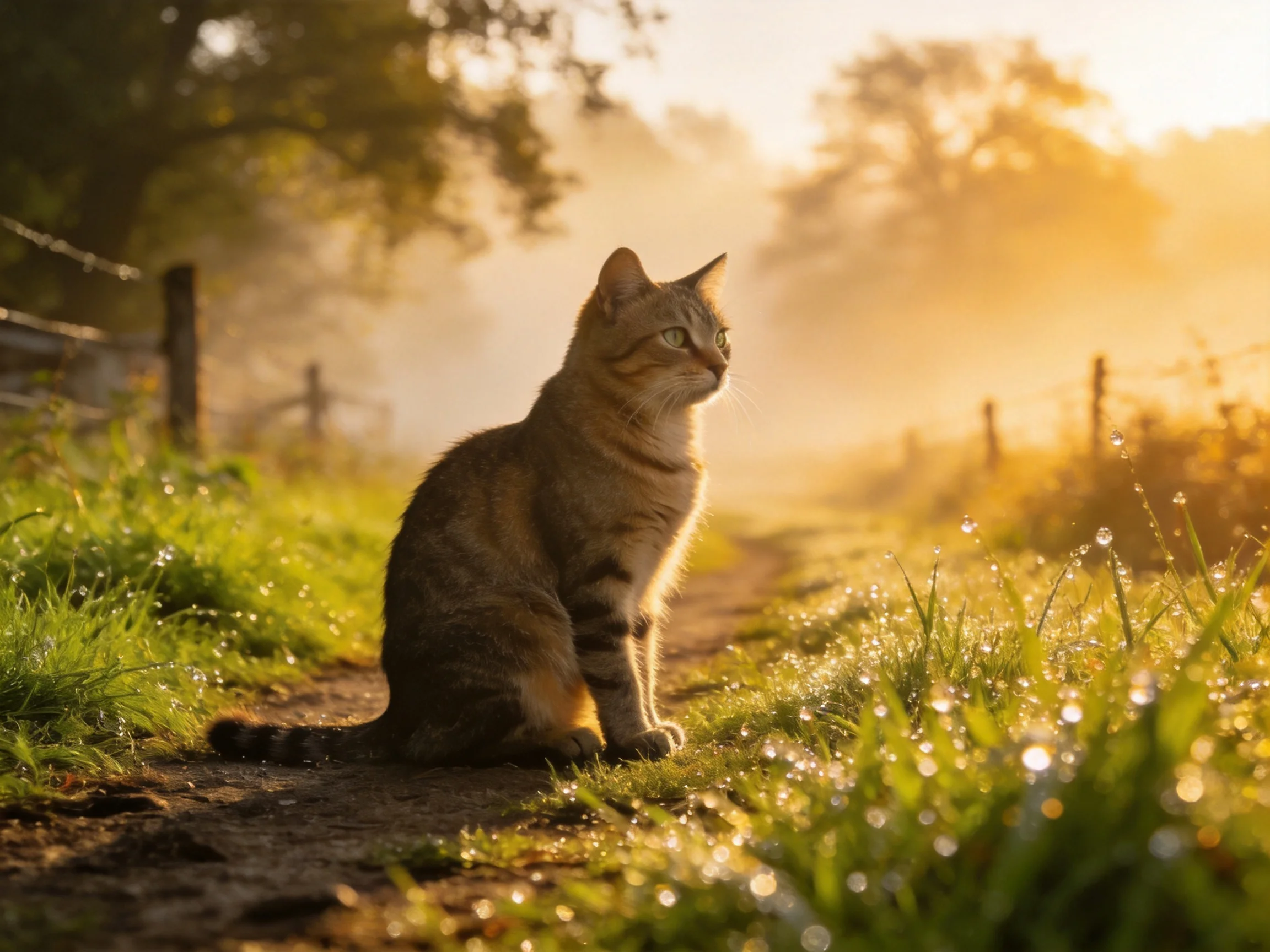 A tabby cat sits on a dewy country path in golden morning light