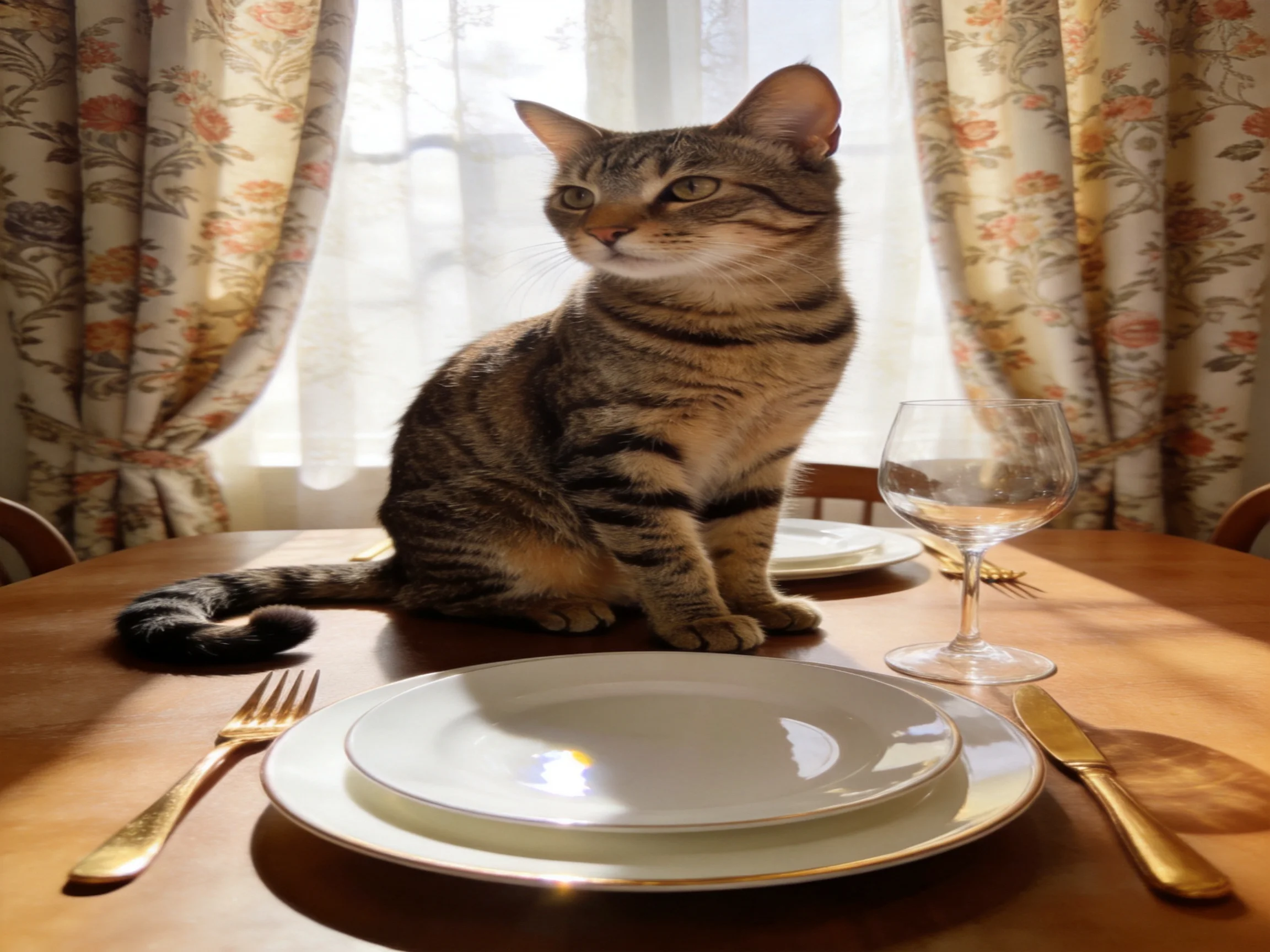 A tabby cat sits on a dining table with plates, utensils, and floral curtains