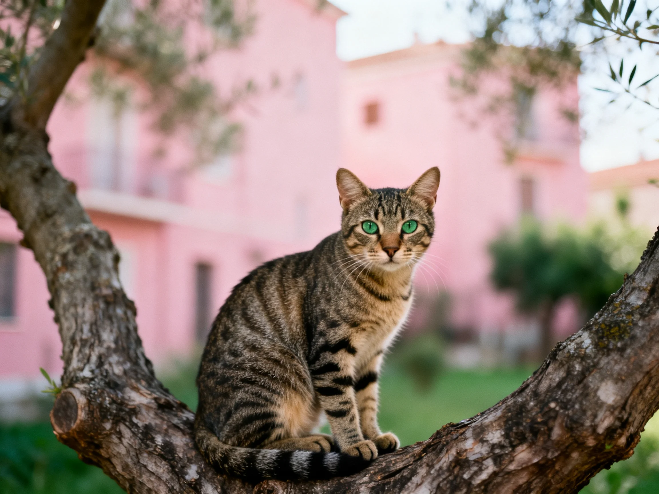 A tabby cat sits on a gnarled tree branch near pink buildings