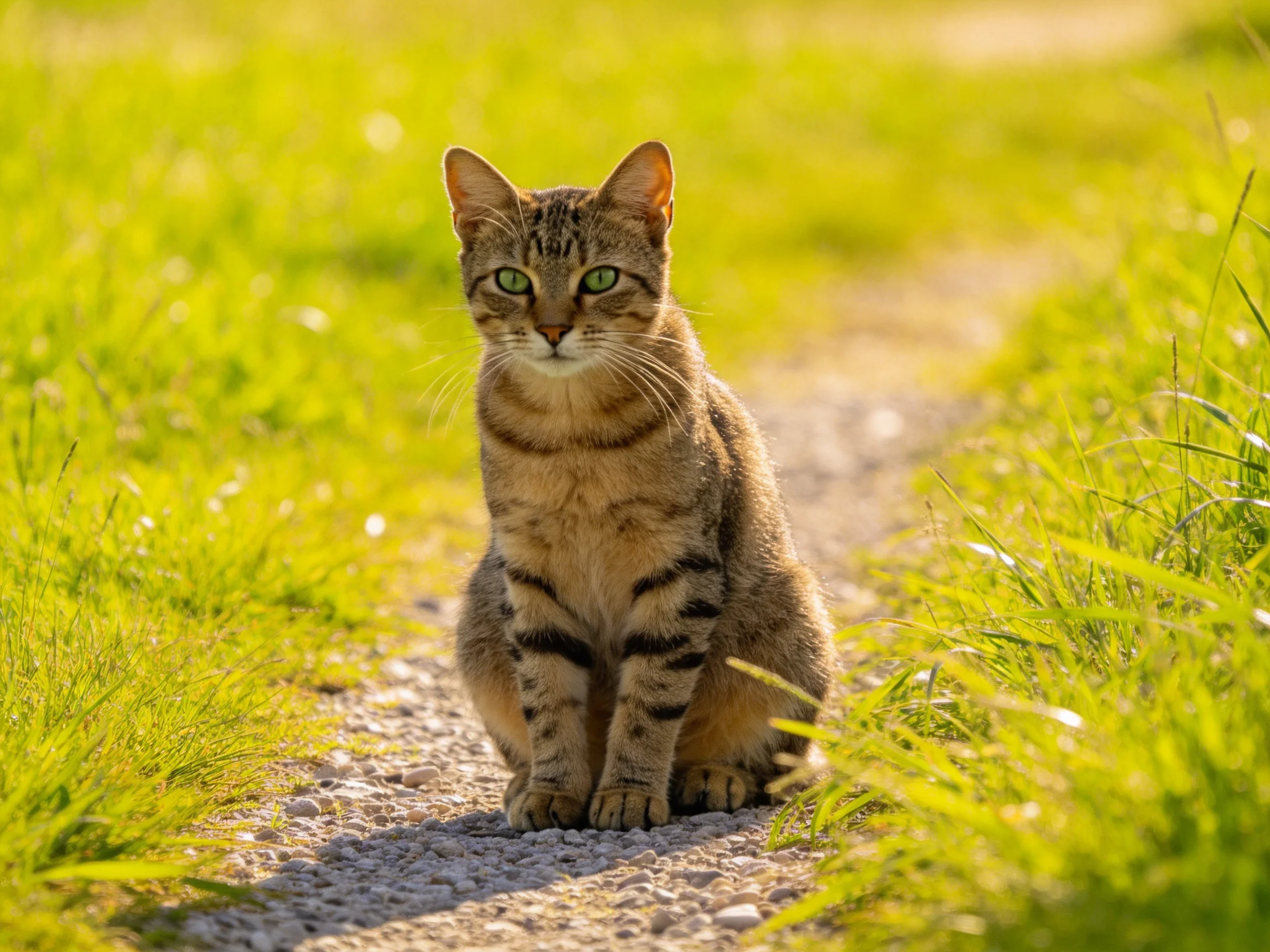 A tabby cat sits on a gravel path surrounded by lush green grass