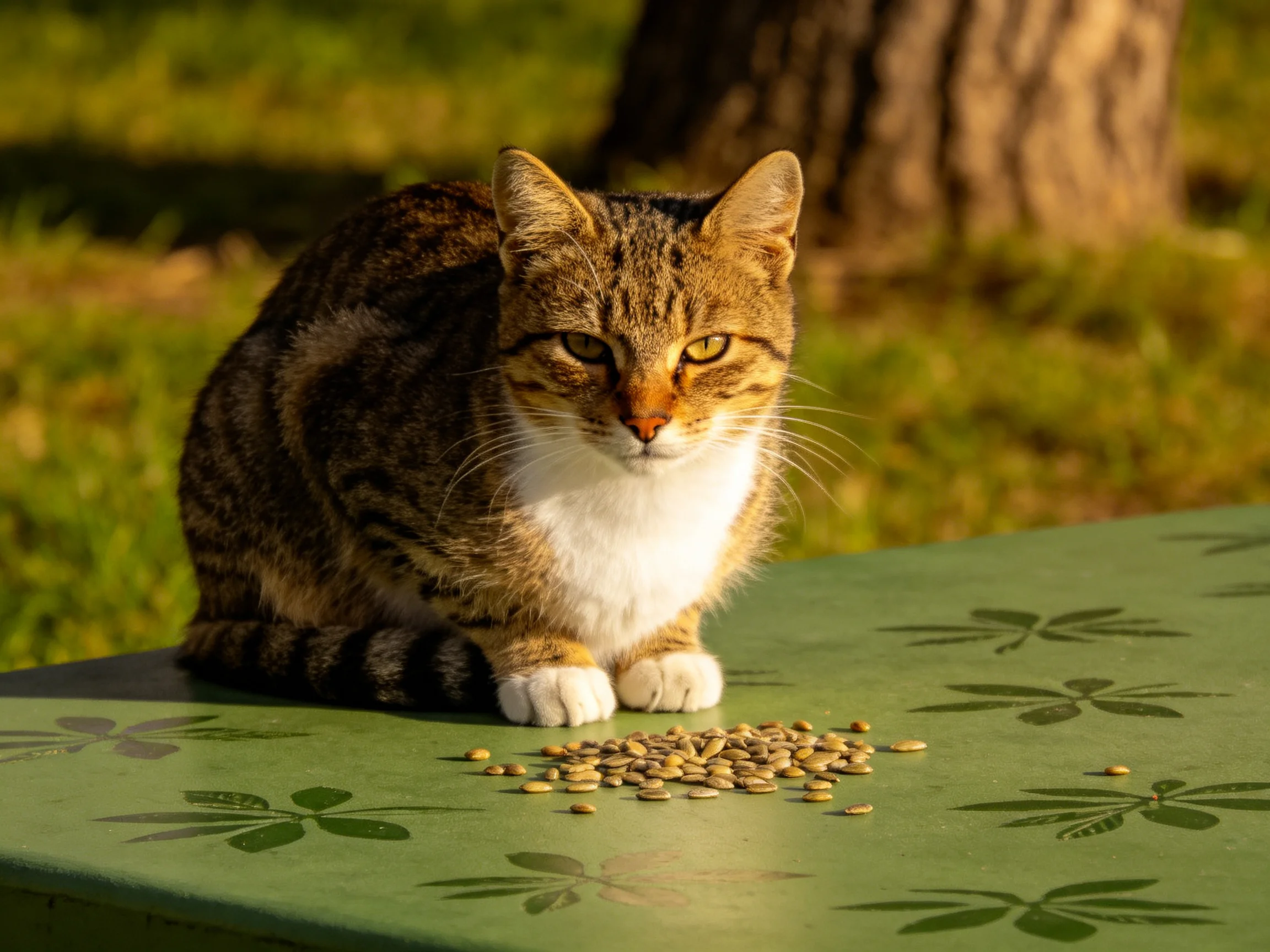A tabby cat sits on a green table with scattered seeds outdoors