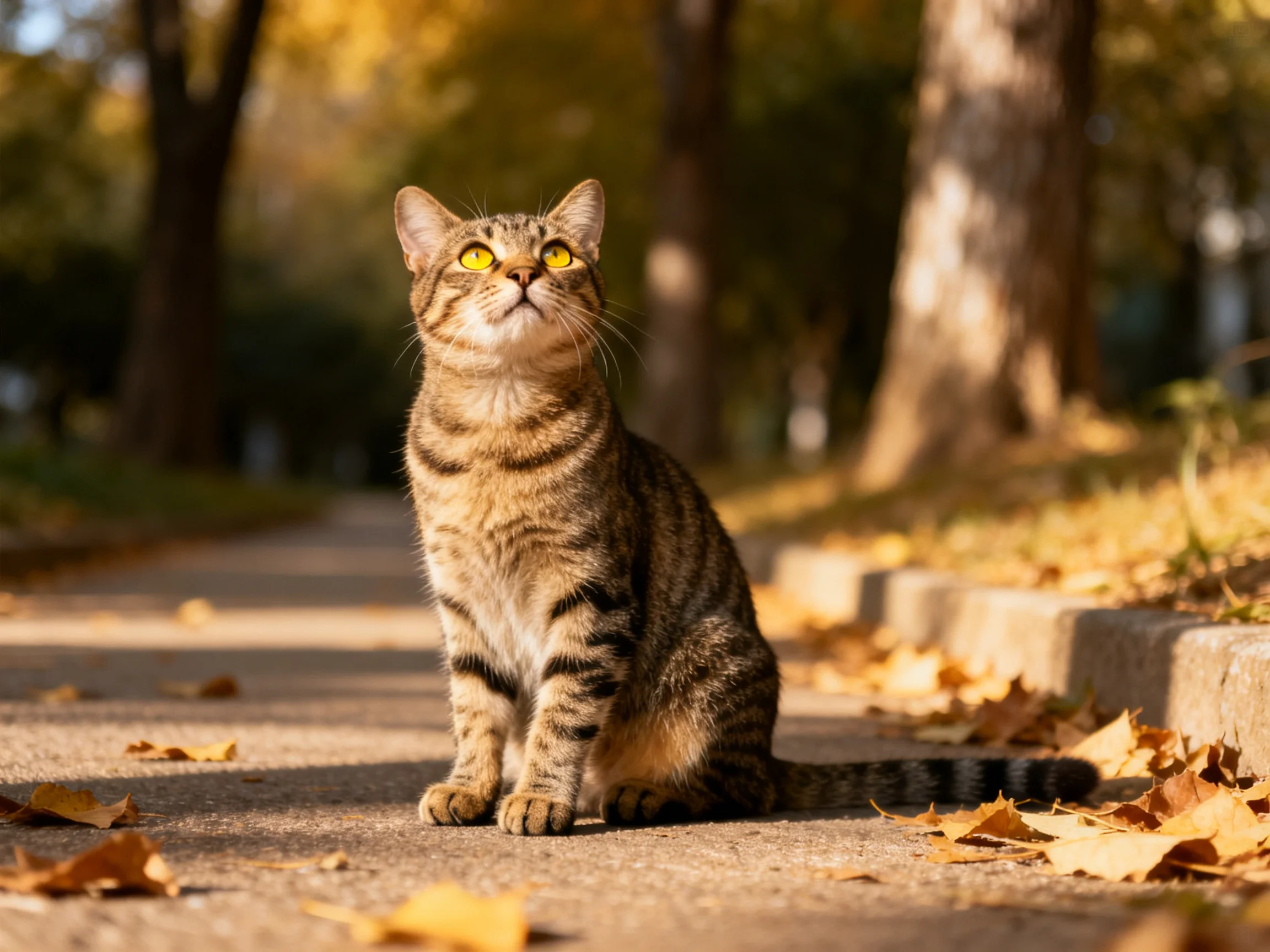 A tabby cat sits on a leaf-strewn pathway