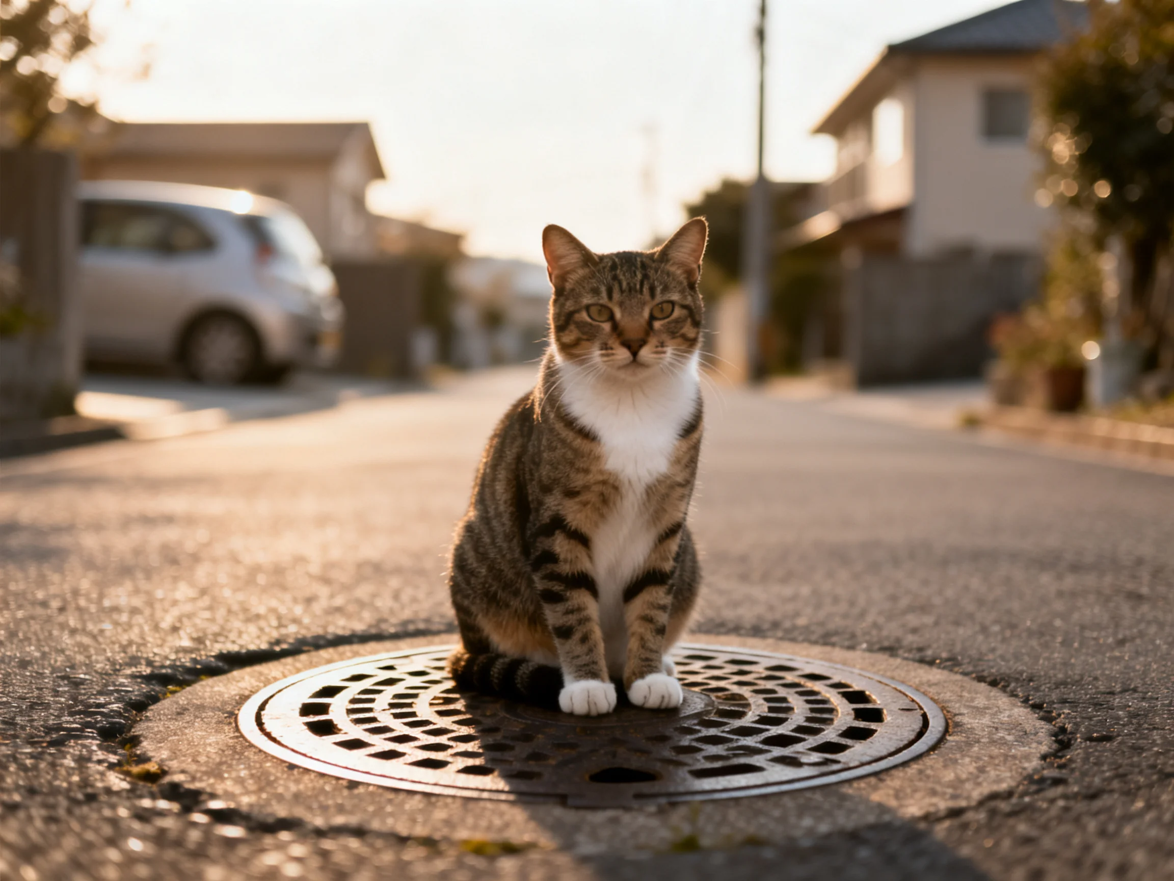A tabby cat sits calmly a manhole cover in a quiet residential street