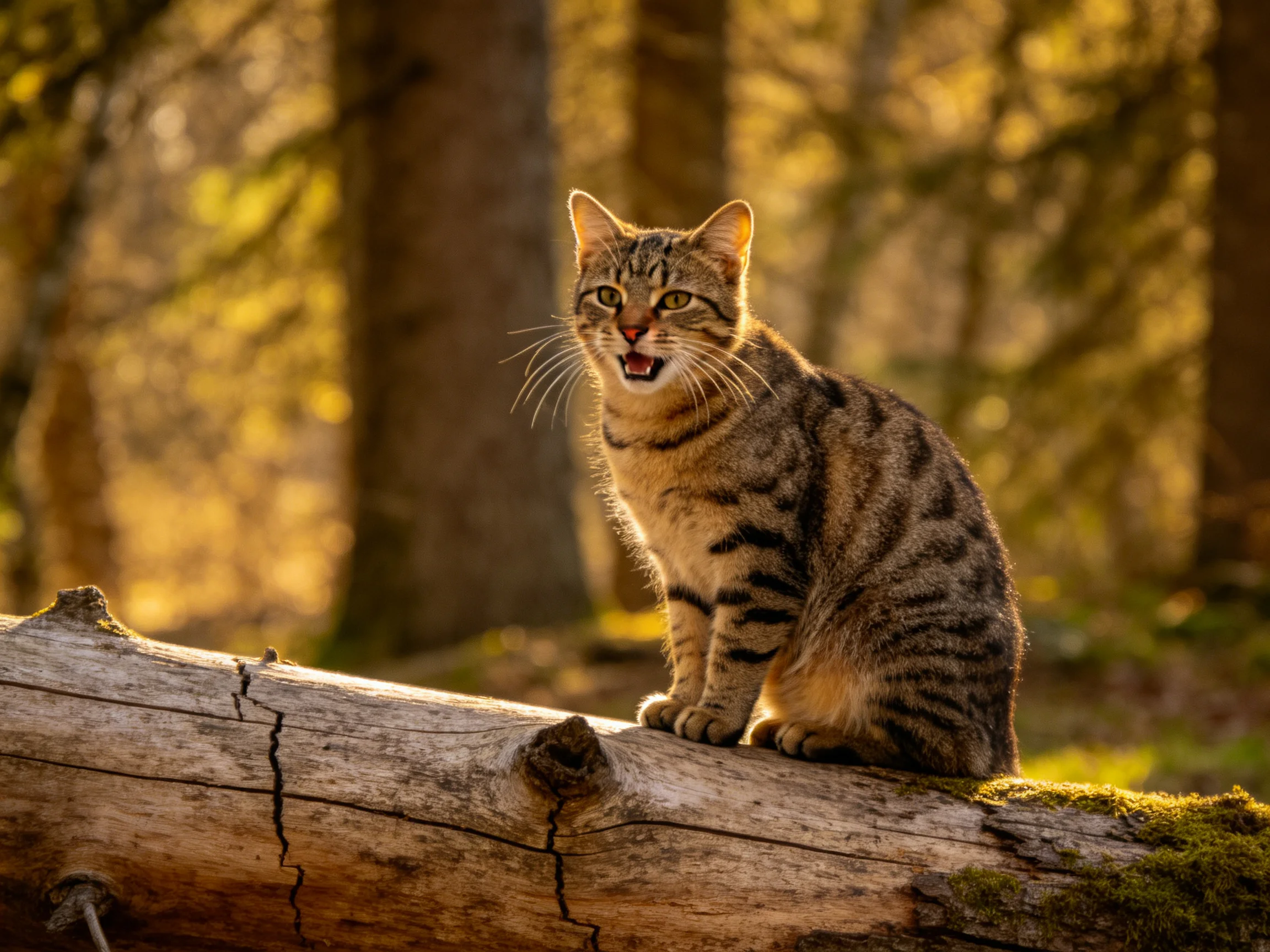 A tabby cat sits on a log in a sunlit forest setting.