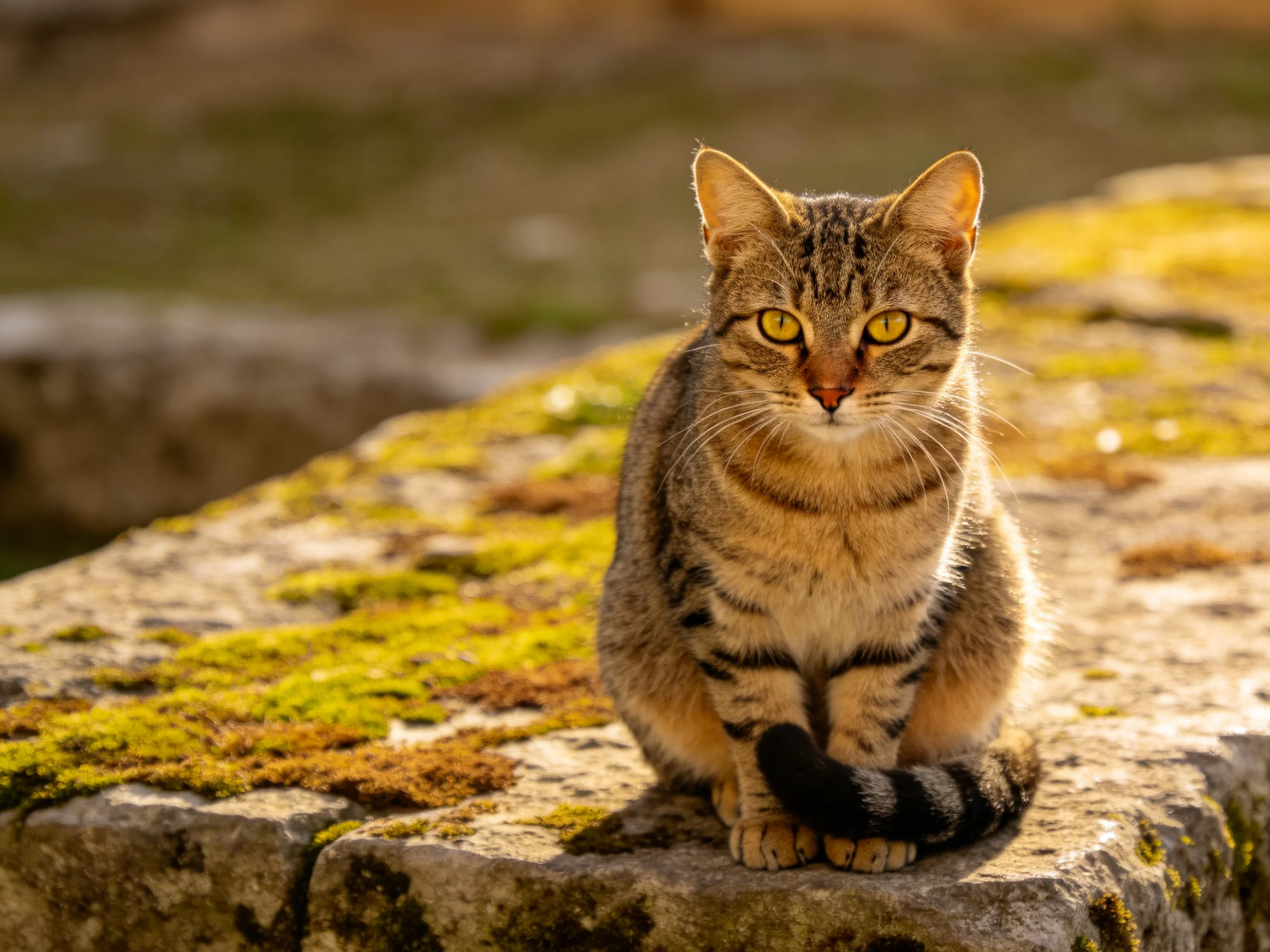 A tabby cat sits calmly on a mossy stone surface in bright daylight.