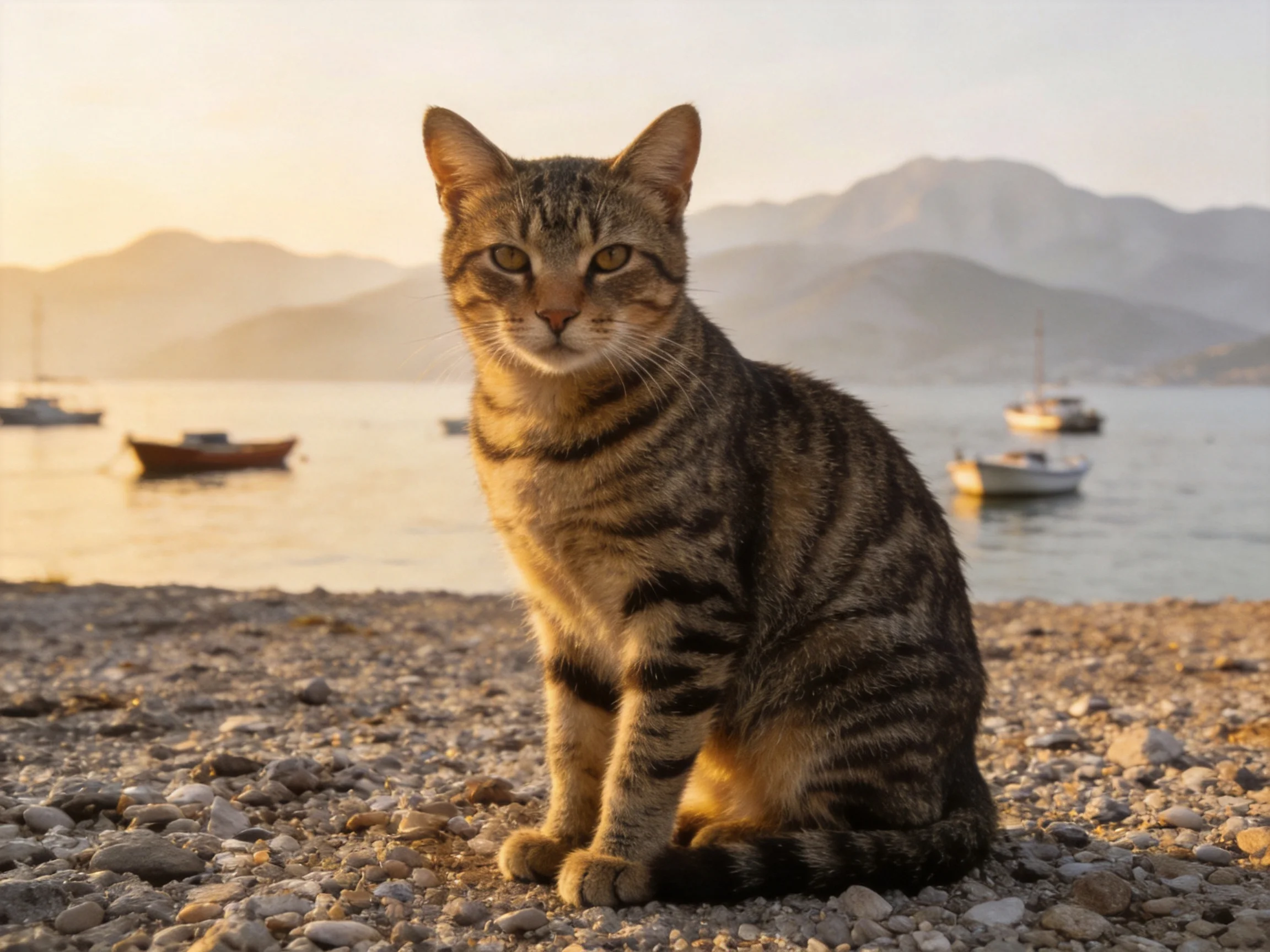 A tabby cat sits on a pebbly shore with boats and mountains