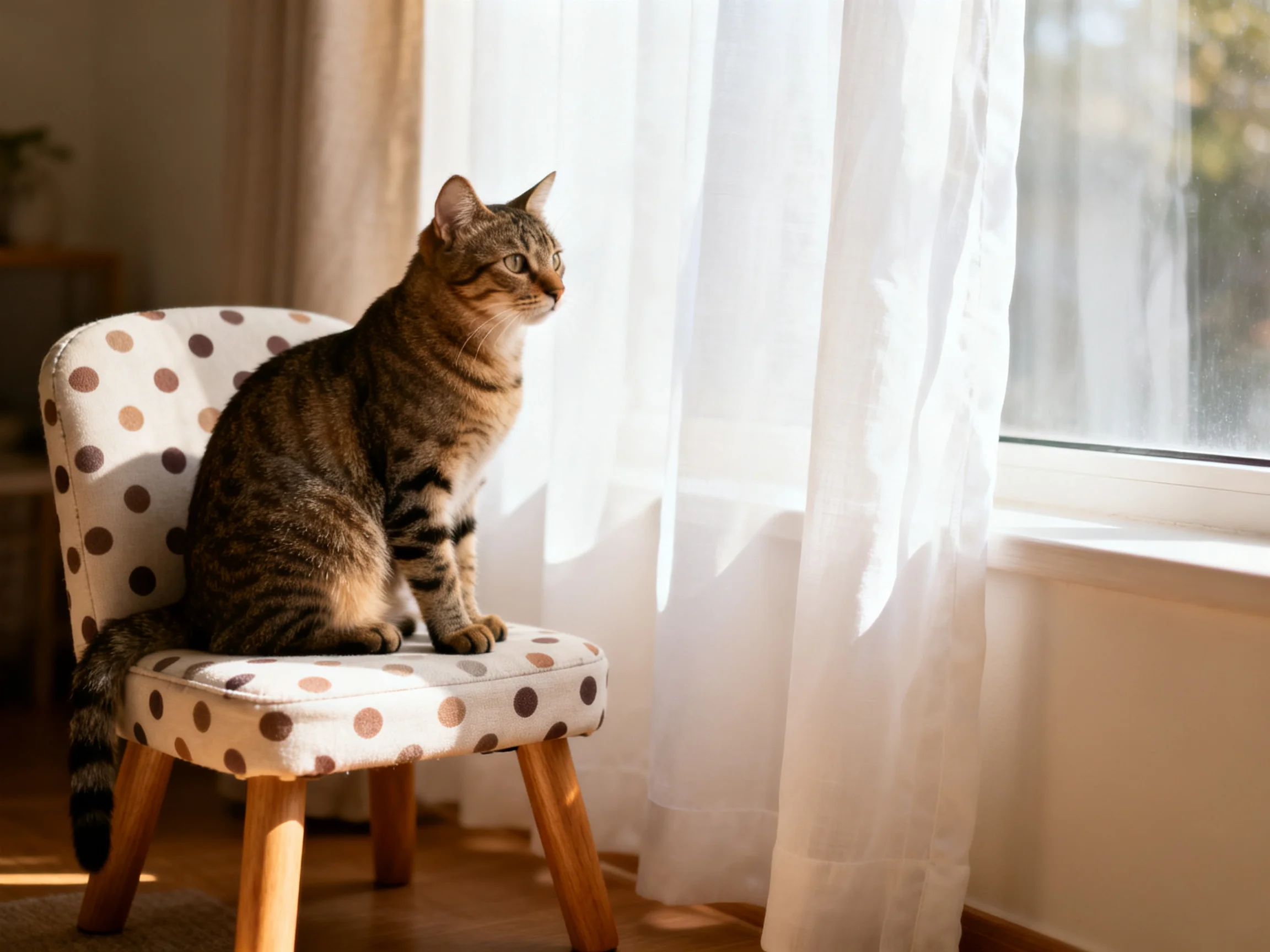 A tabby cat sits on a polka - dotted chair by a sunlit window