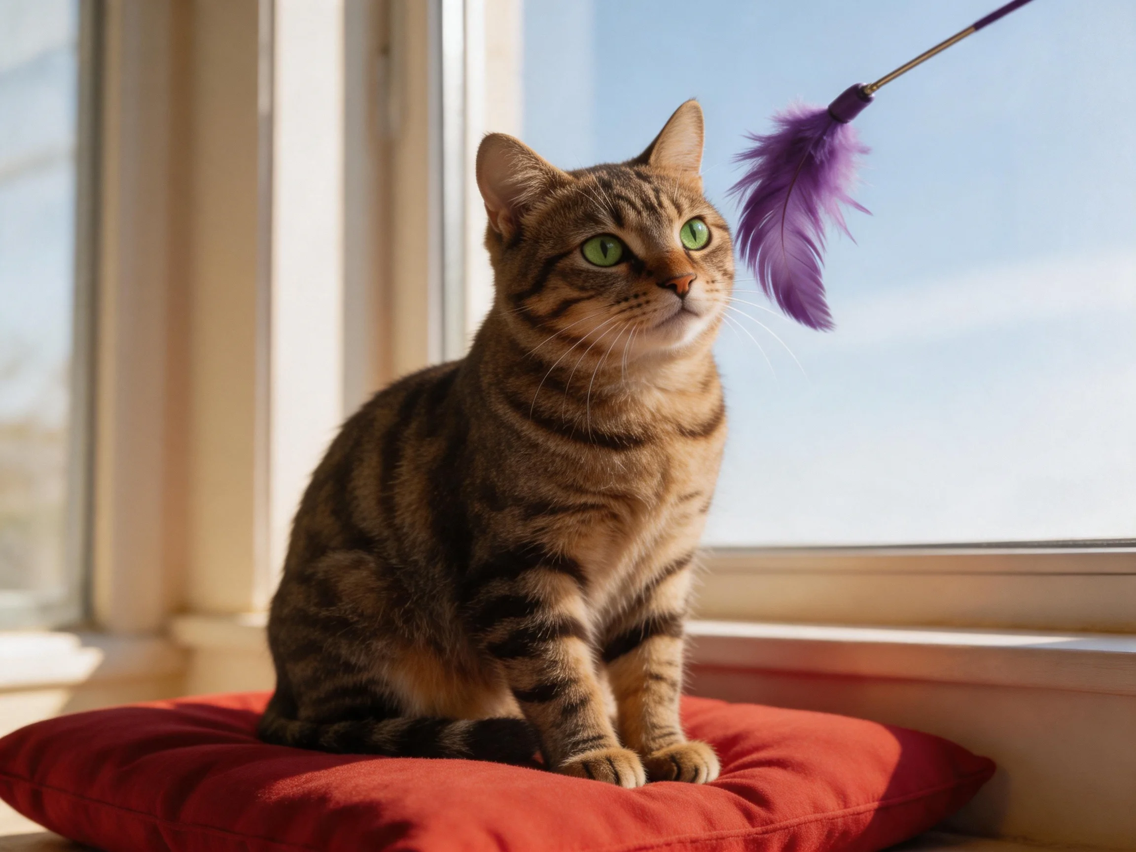 A tabby cat sits on a red cushion by a sunlit window with a purple feather toy
