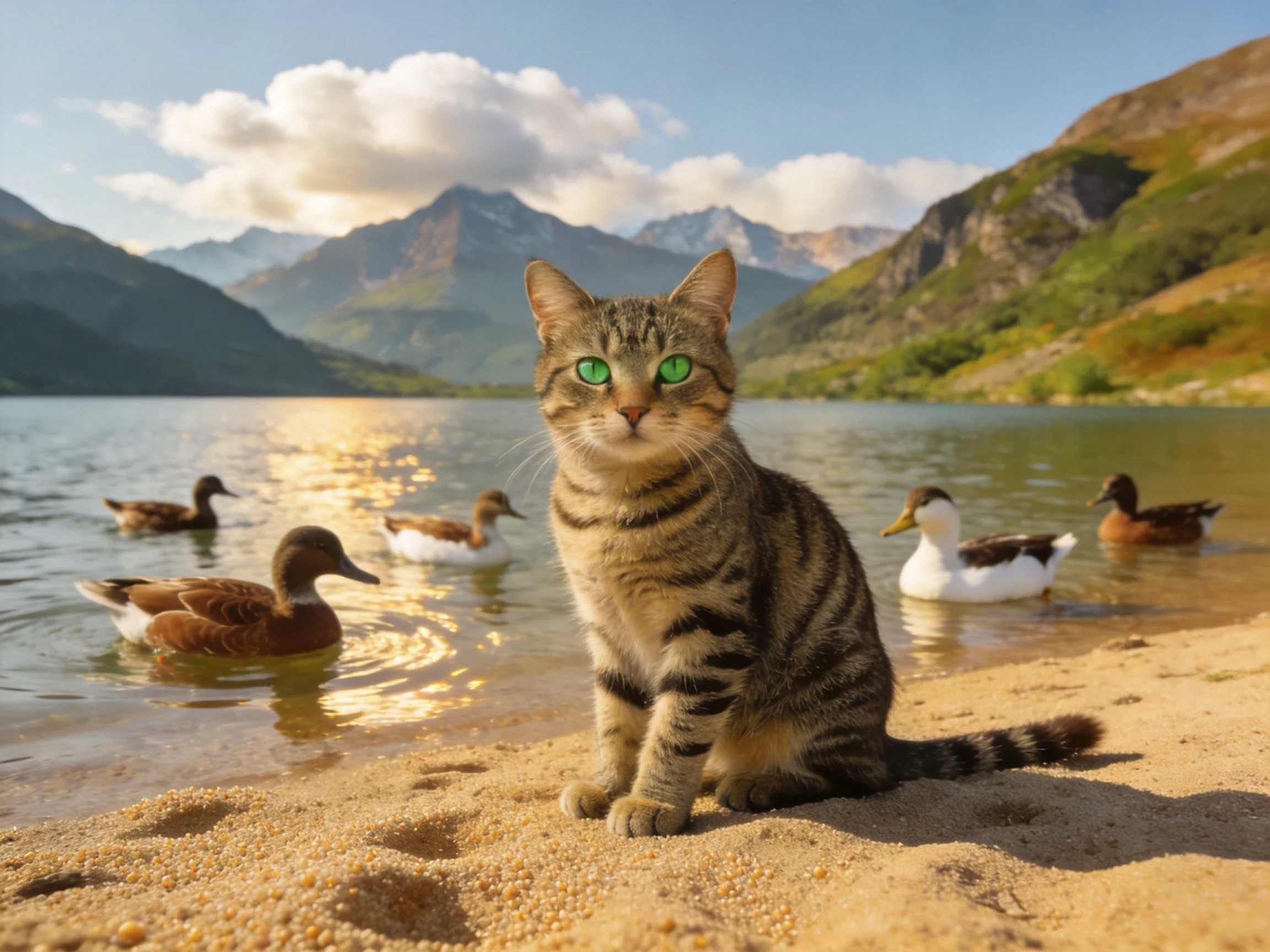 A tabby cat sits on a sandy shore with swimming ducks and mountains behind