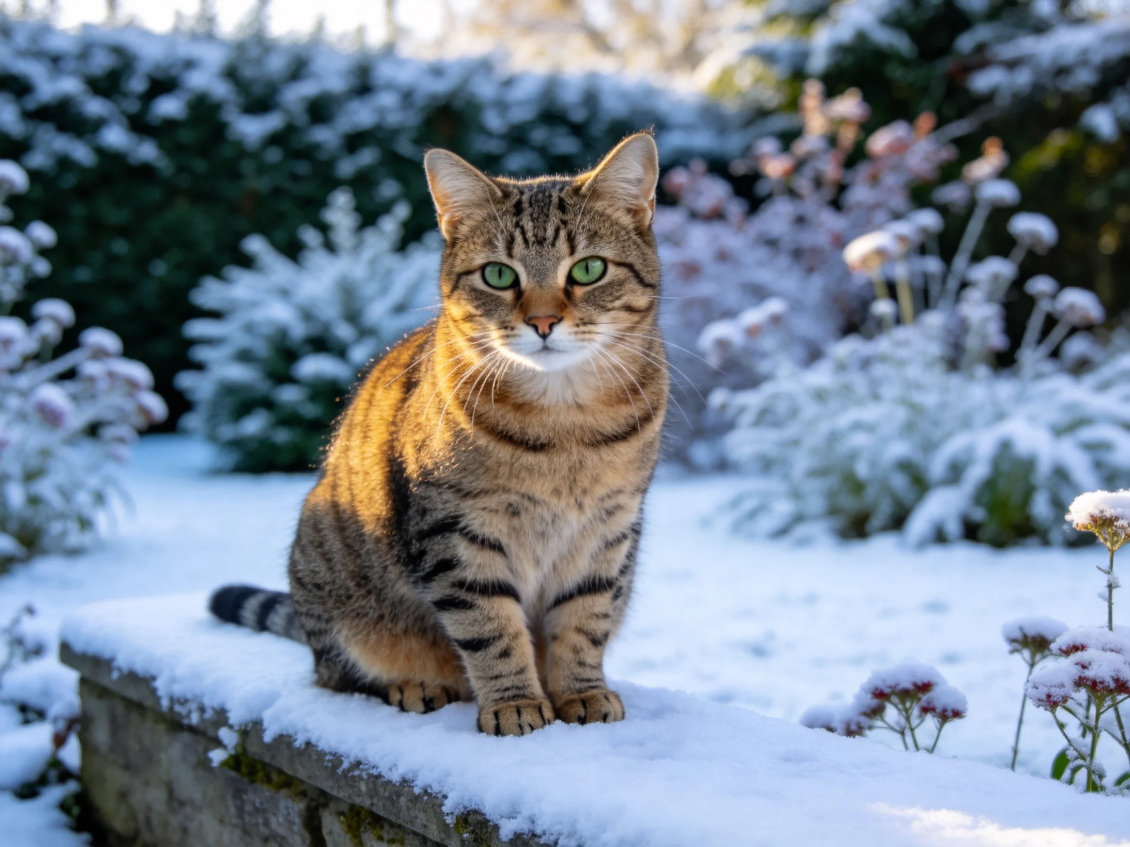 A tabby cat sits on a snow-covered ledge in a frosty garden.