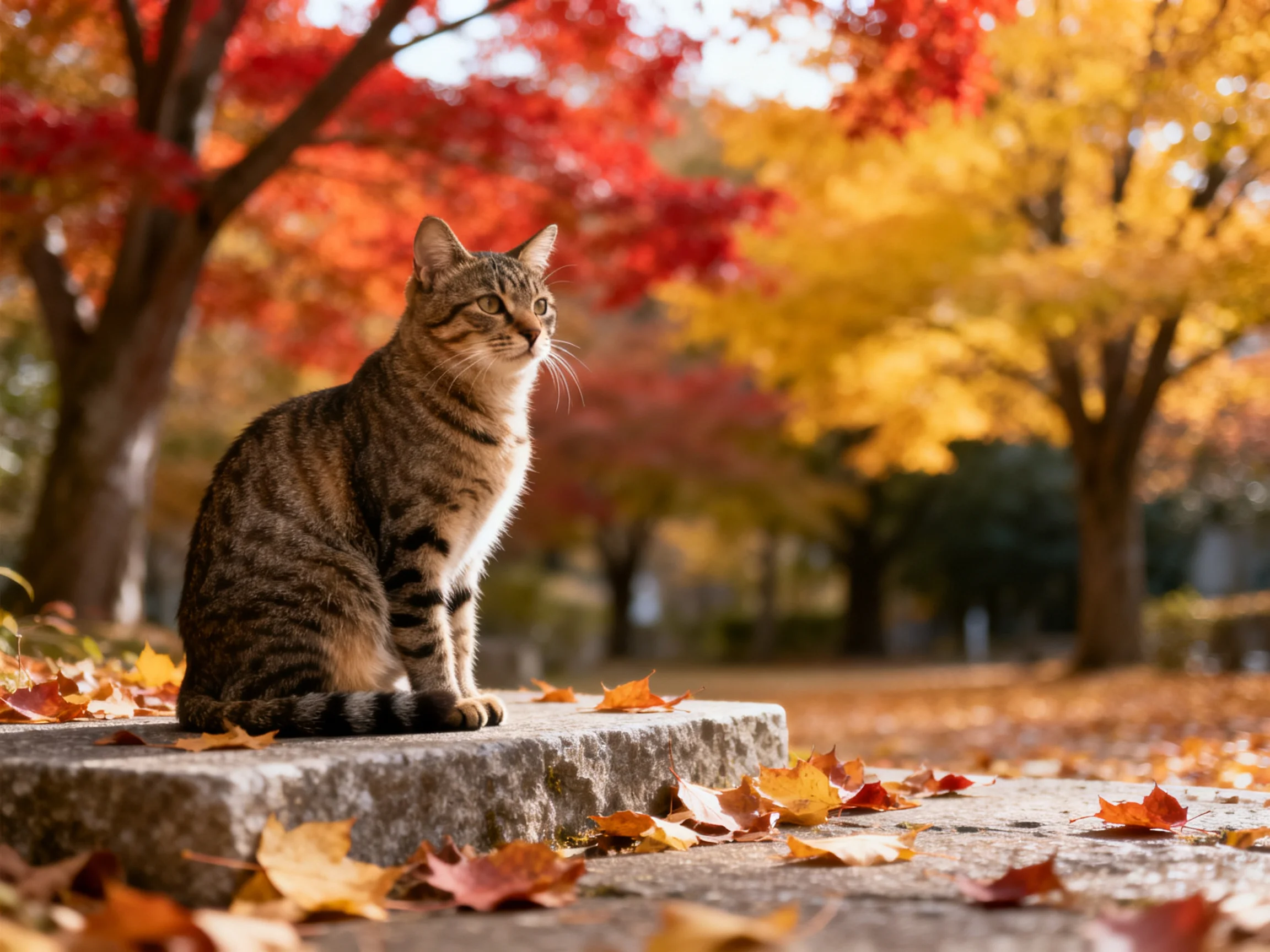 A tabby cat sits on a stone ledge amid vibrant fall foliage