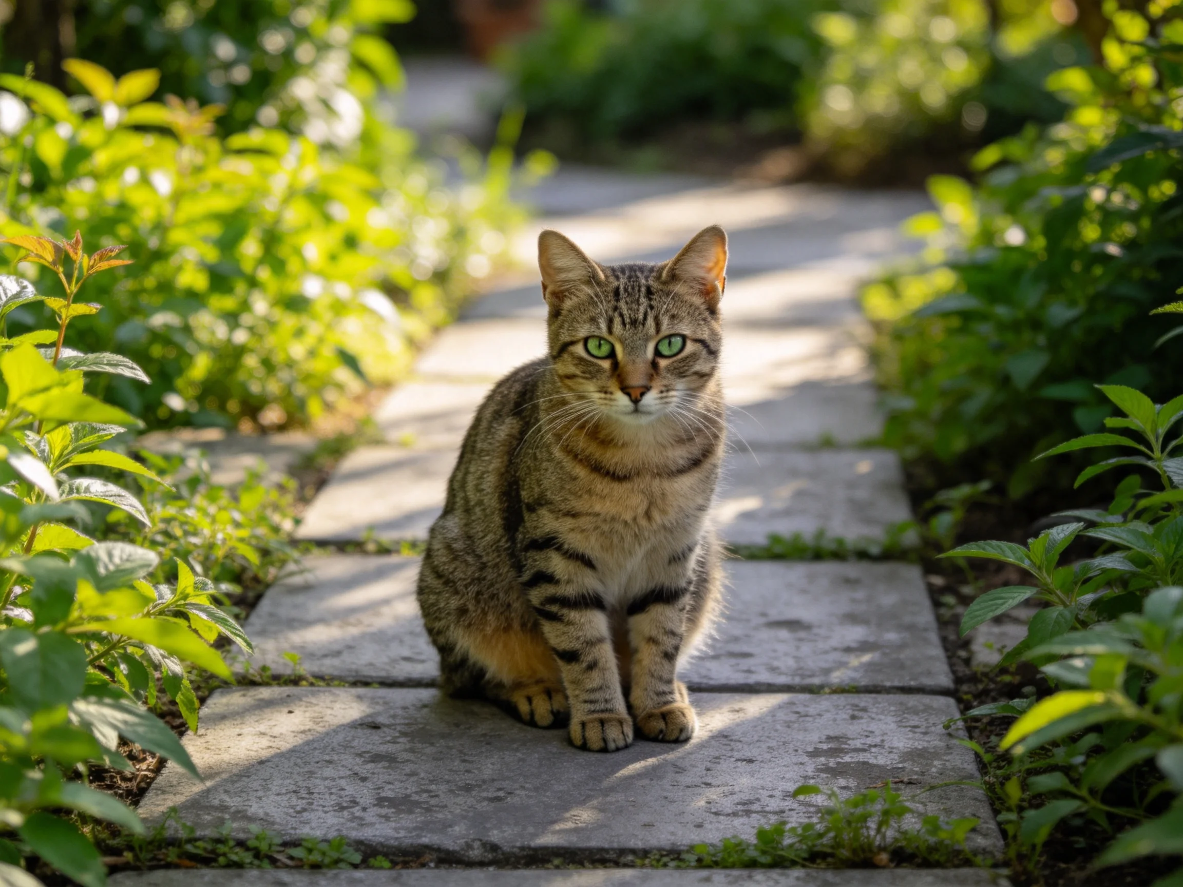 A tabby cat sits calmly on a stone pathway in a sunlit garden.