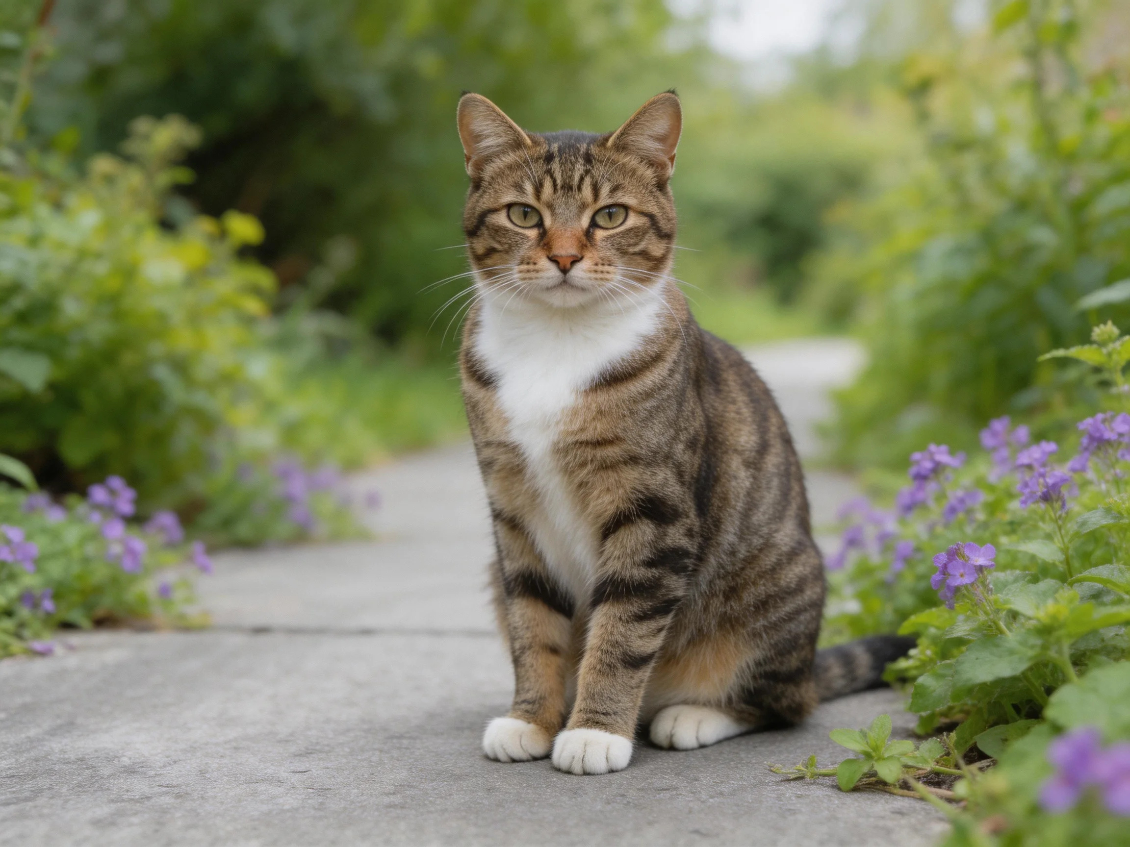 A tabby cat sits on a stone path surrounded by greenery and flowers.