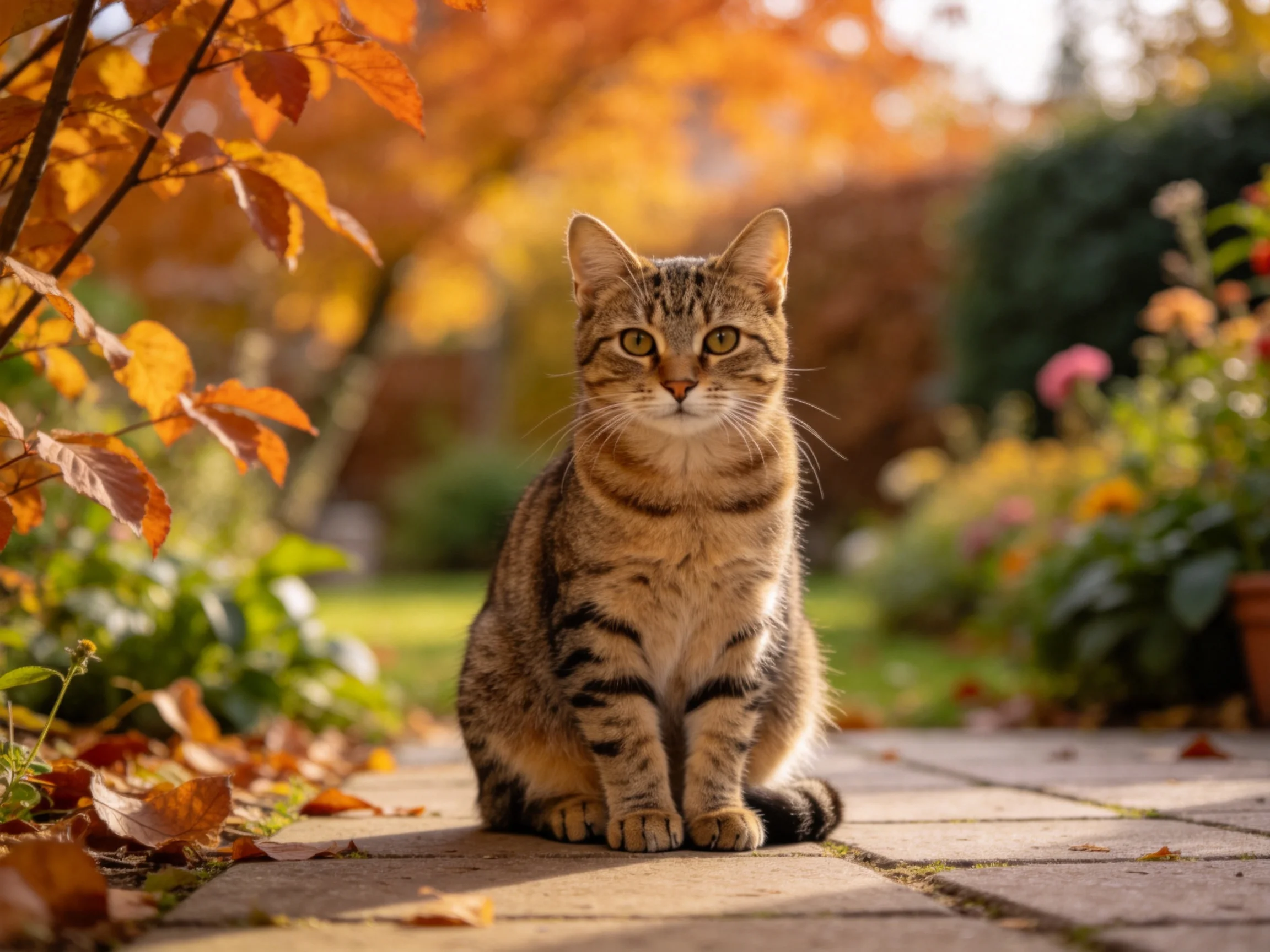A tabby cat sits on a stone path surrounded by autumn foliage and colorful blooms