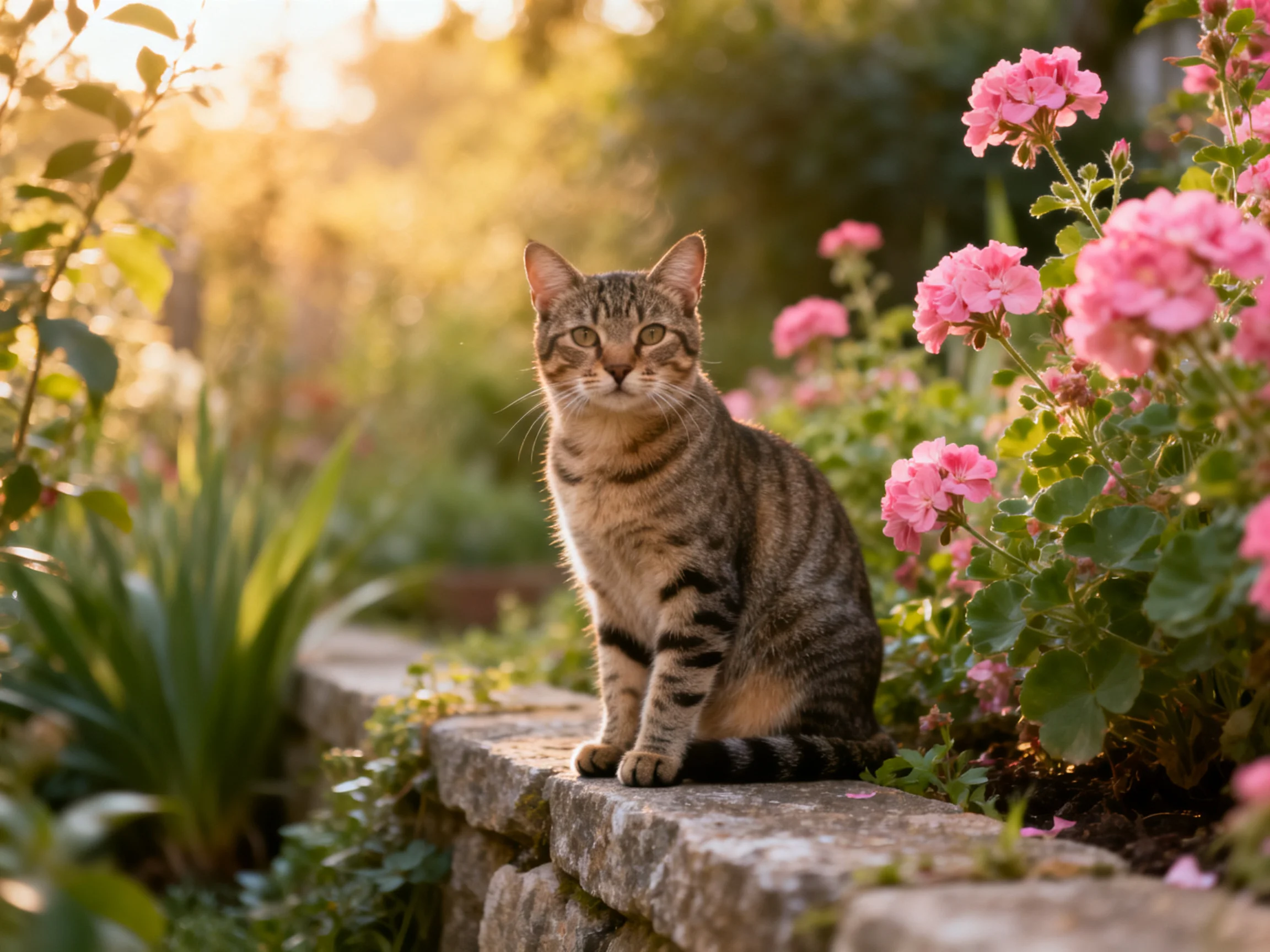 A tabby cat sits beside pink flowers on a stone ledge in a sunlit garden