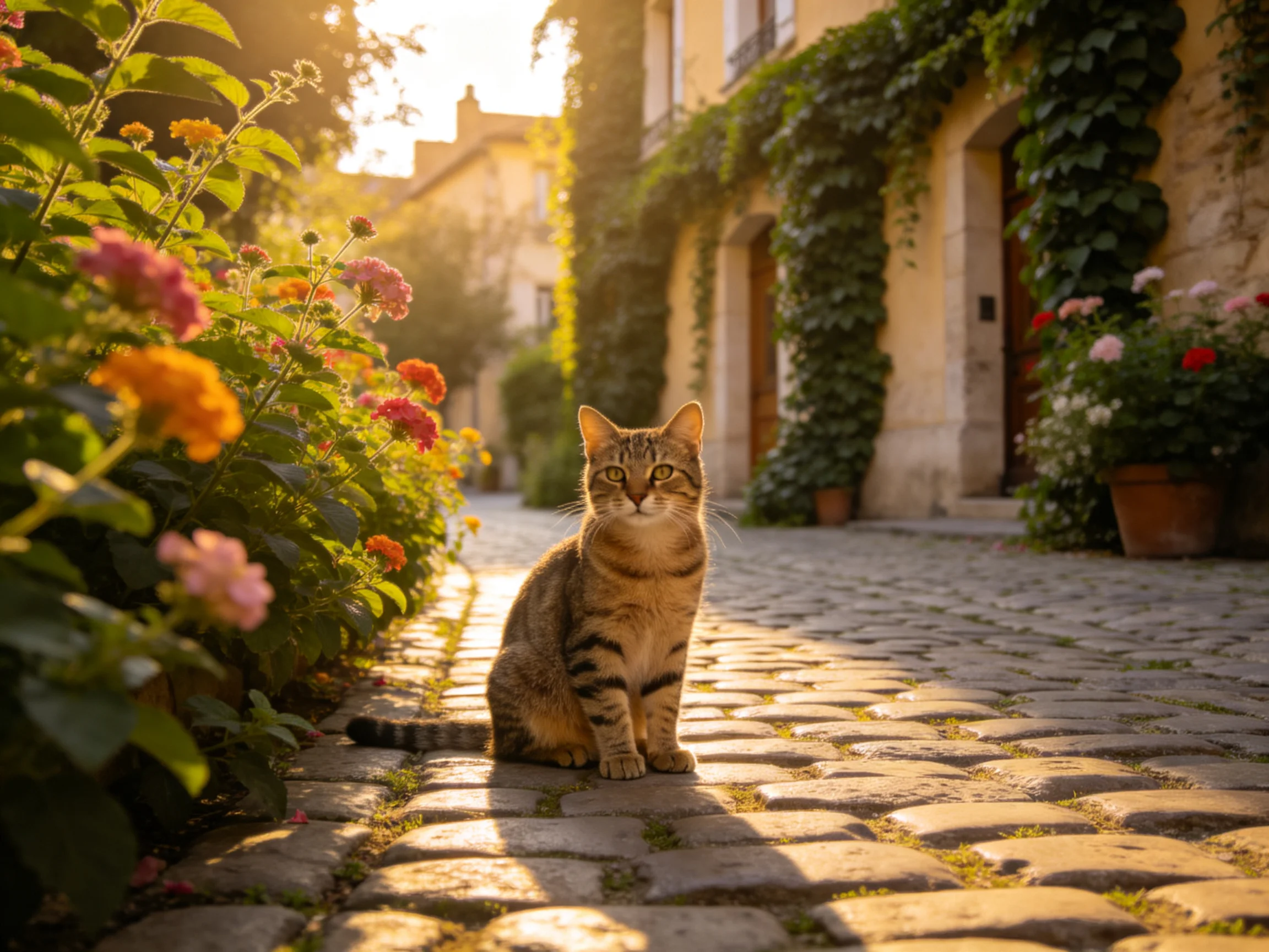 A tabby cat sits on a sunlit cobblestone street near colorful flowers