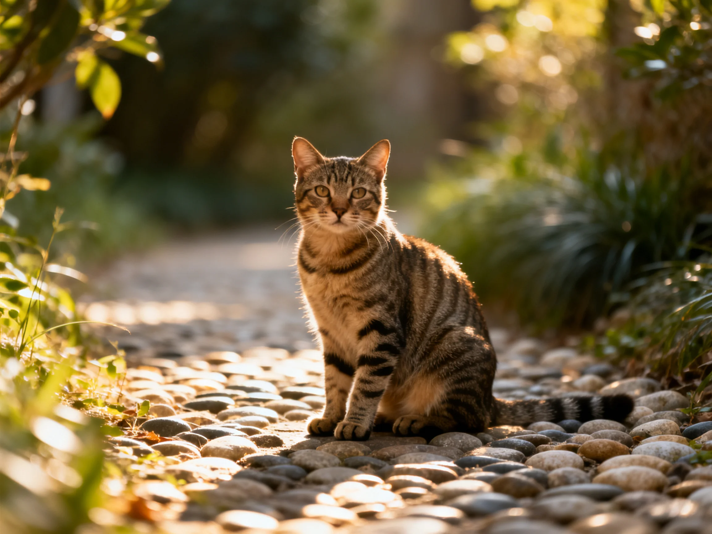 A tabby cat sits calmly on a sunlit pebbled pathway.