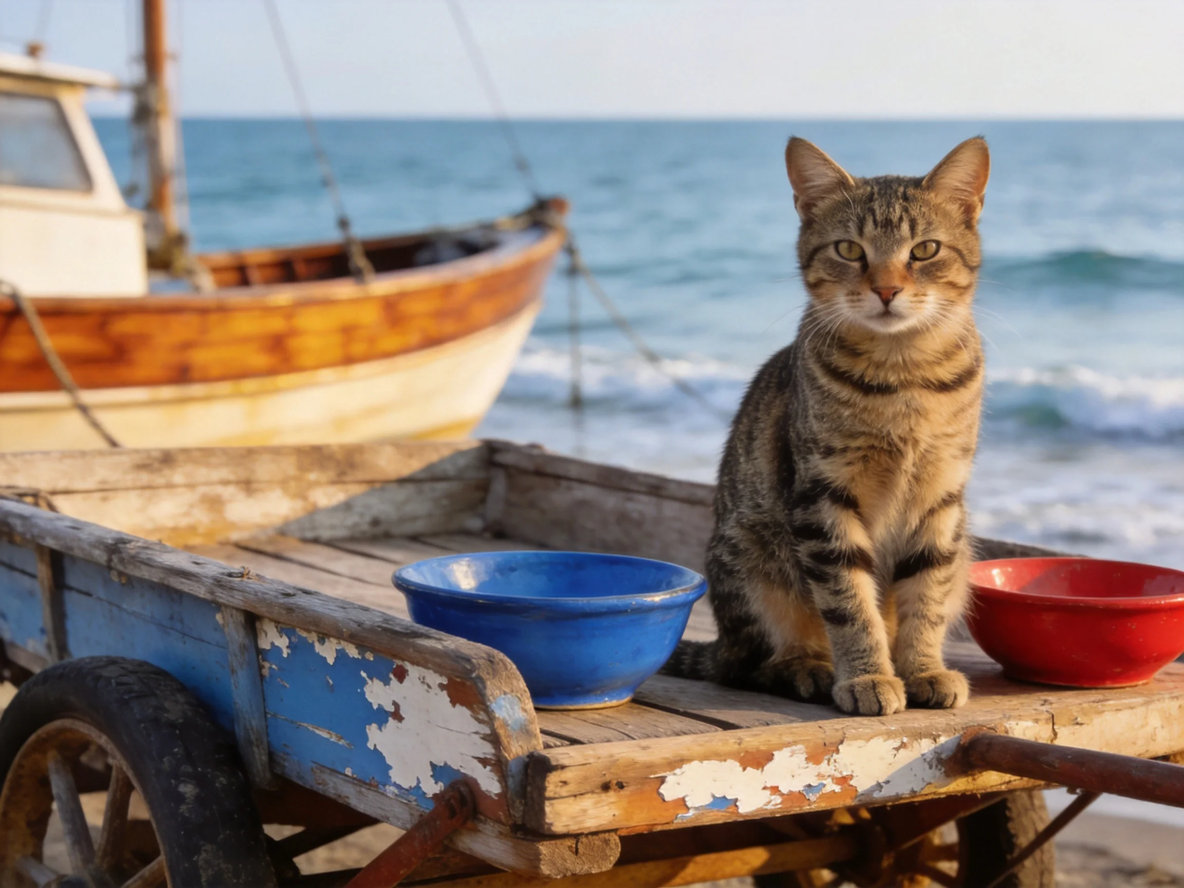 A tabby cat sits on a weathered cart with blue and red bowls by the seaside